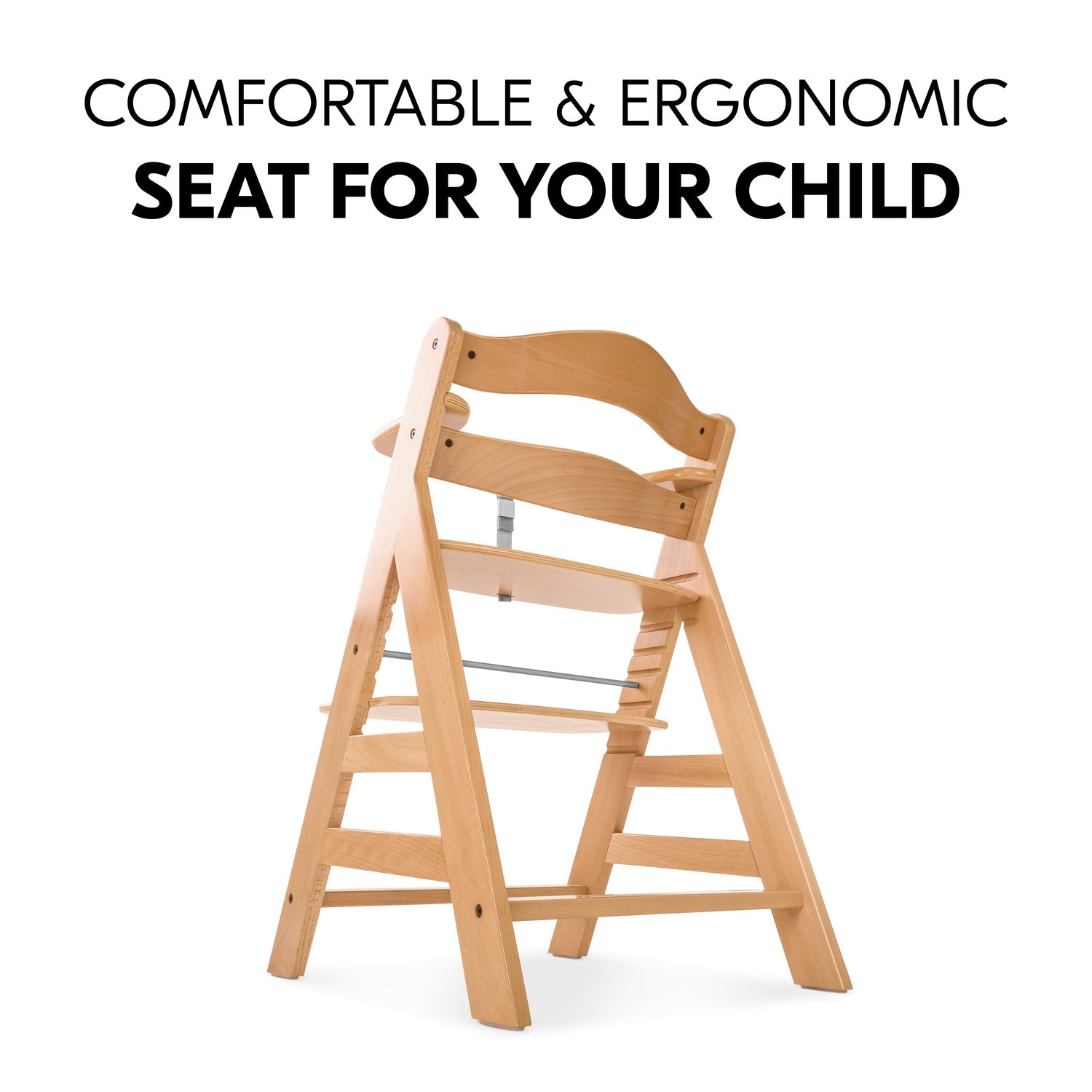Wooden high chair with text 'Comfortable & Ergonomic Seat for Your Child' on a white background
