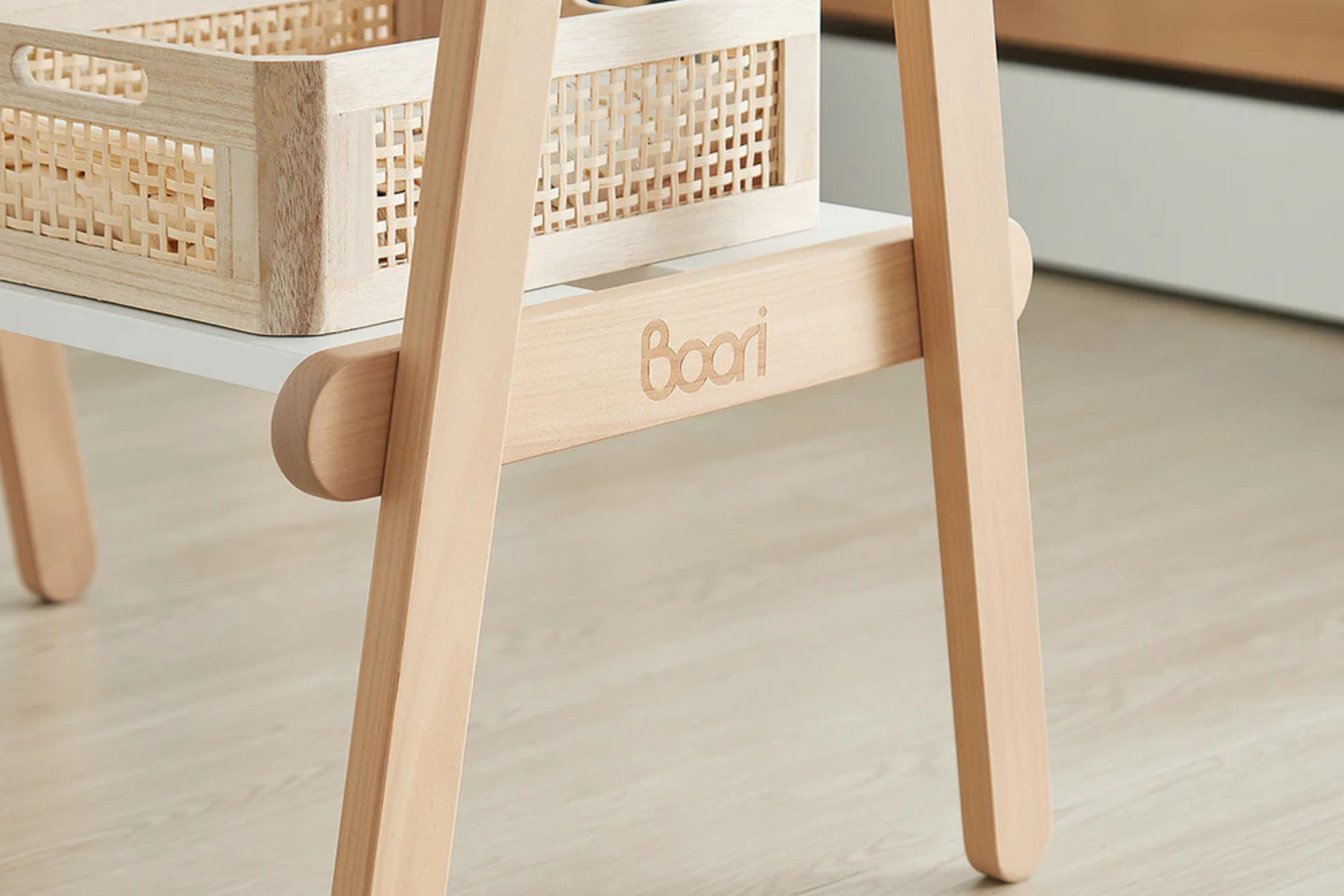 Zoom in detail of the bottom logo on the Boori Forest Clothing Rack