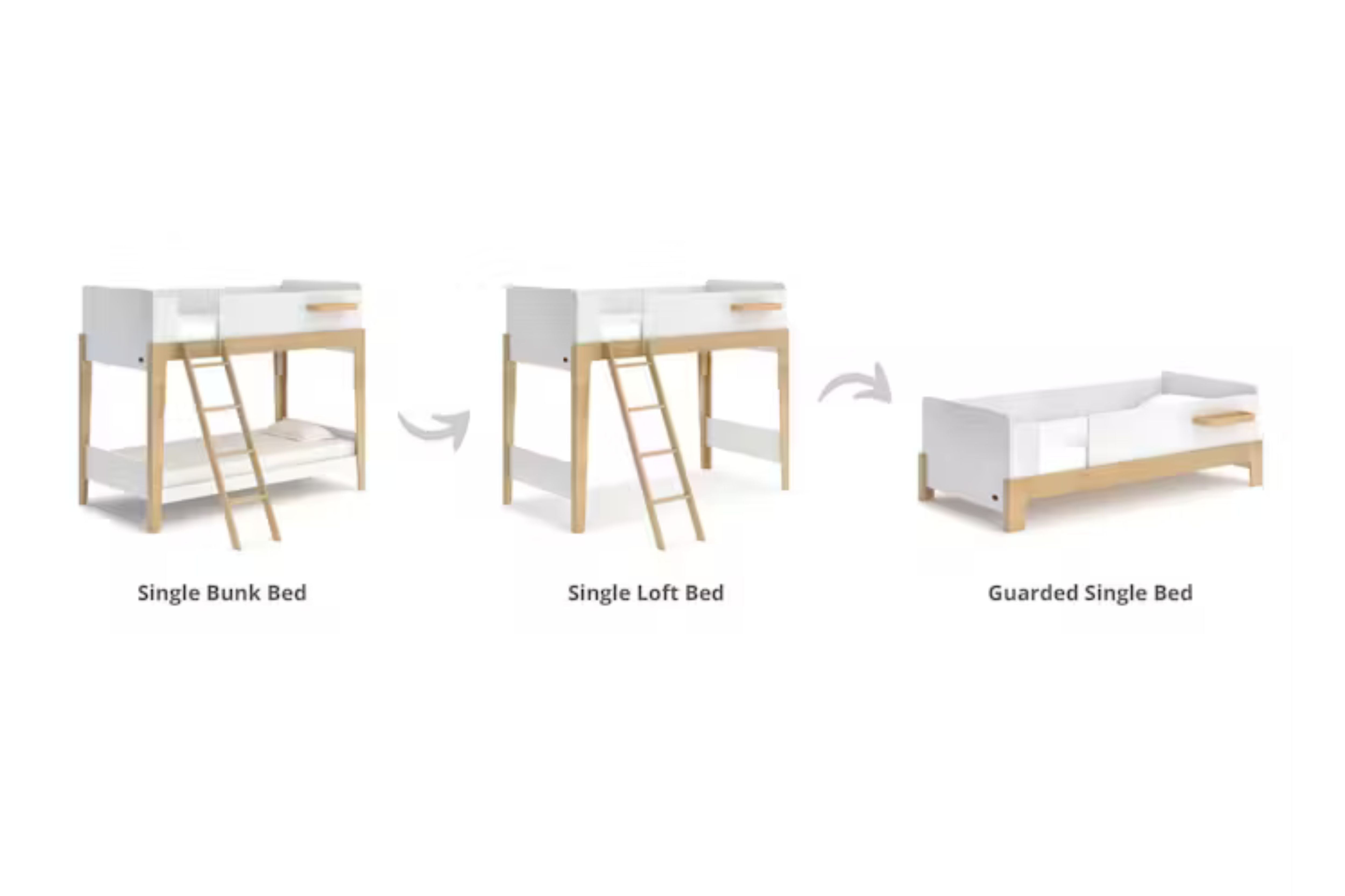 Different configurations of the Boori Natty Single Bunk Bed, converting from the Boori Natty Single Loft Bed and Boori Natty Guarded Single Bed