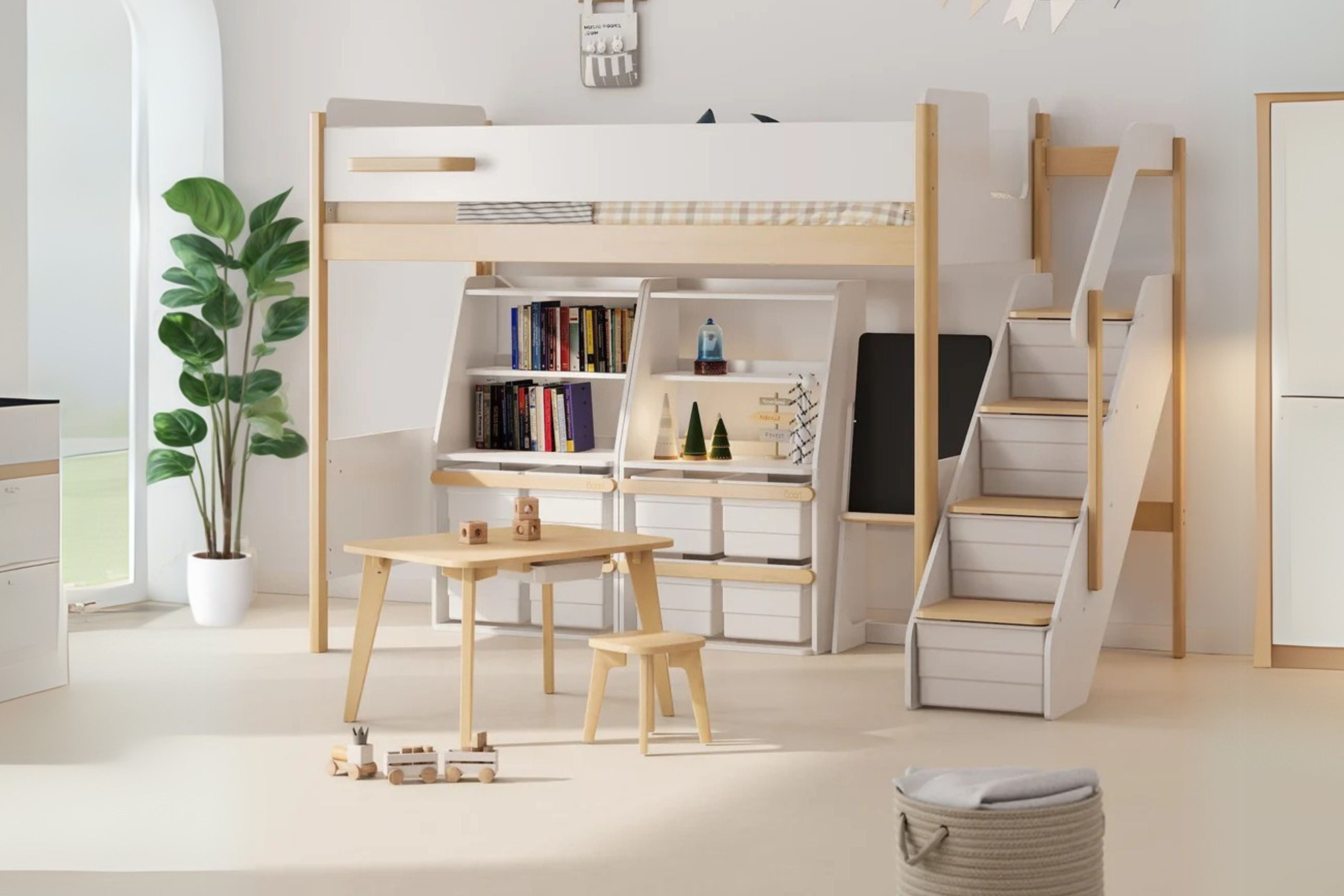 Boori Natty King Single Loft Bed with Staircase in a cosy nursery