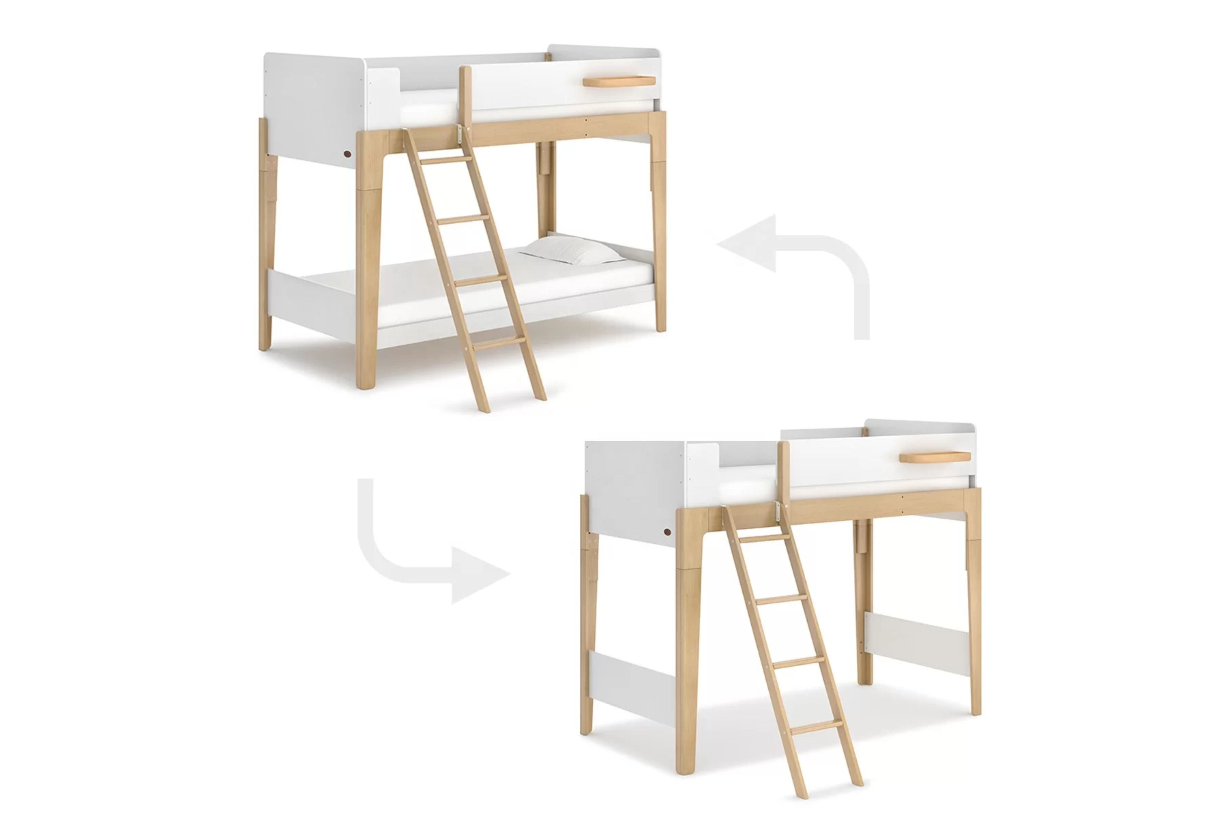 Different configurations of the Boori Natty Single Bunk Bed , featuring the Boori Natty Single Loft Bed