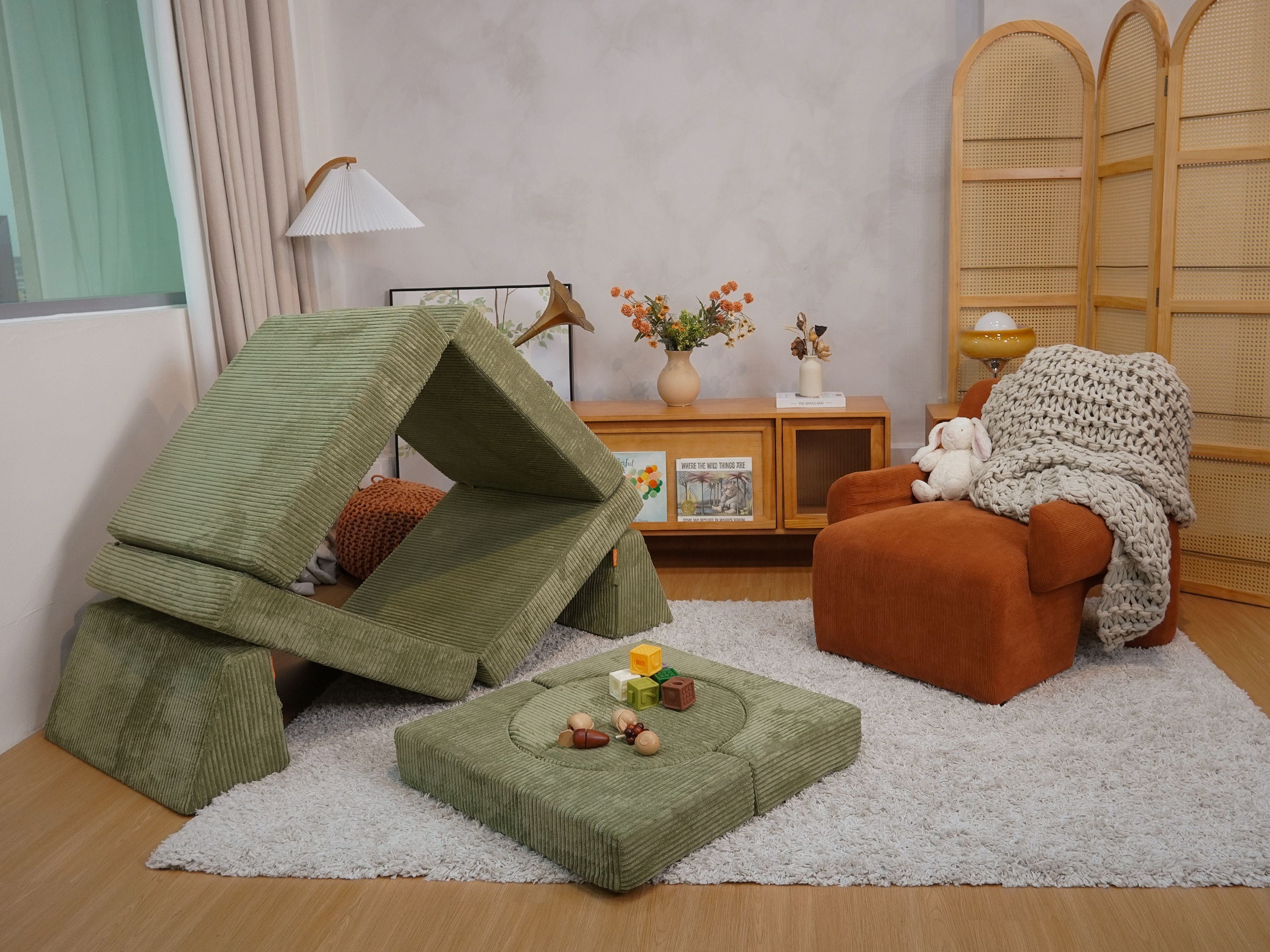 Lollibly Wonderstack Play Sofa in Fern arranged in a different configuration