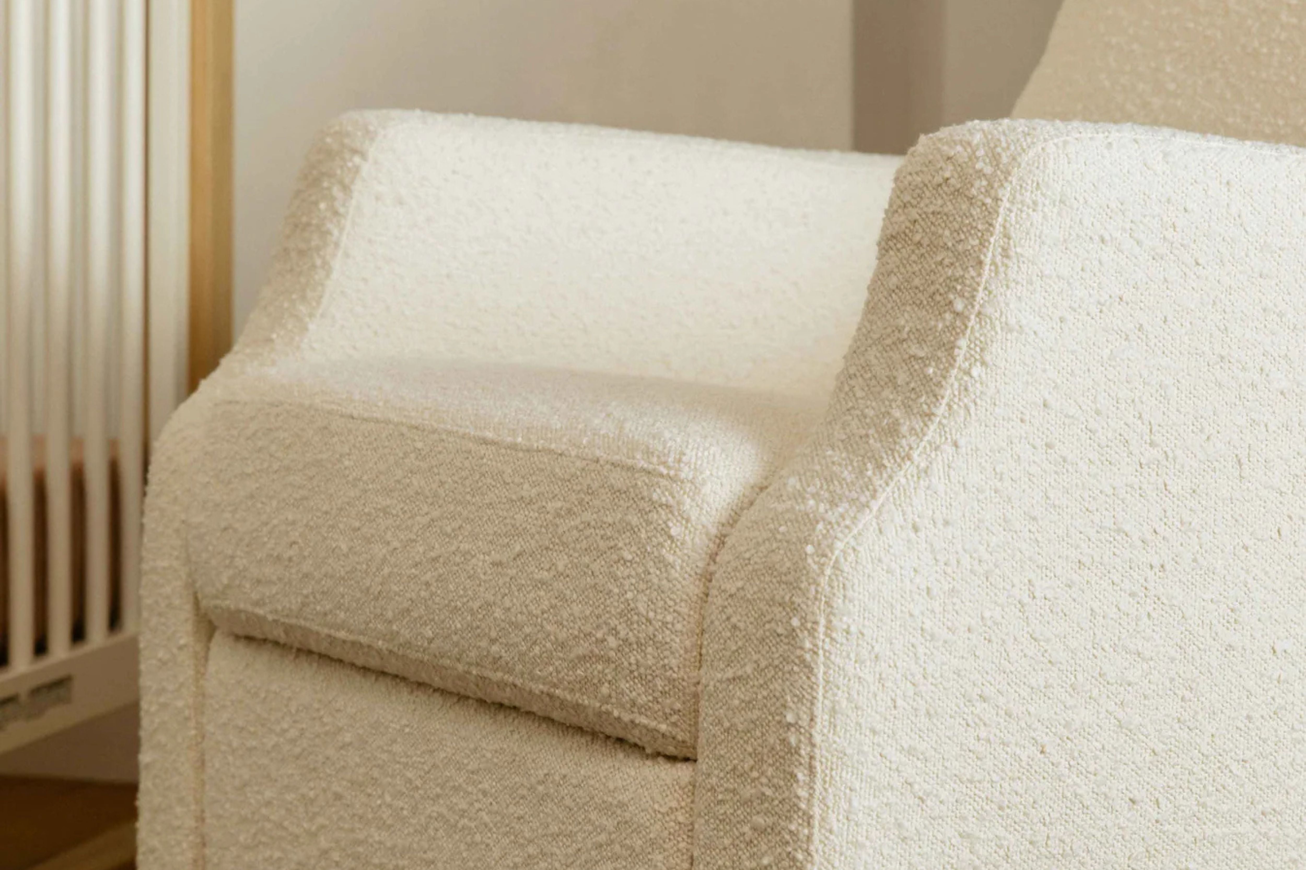 Namesake Crewe Recliner and Swivel Glider in Ivory Boucle material zoomed in #color_crewe-ivory-boucle