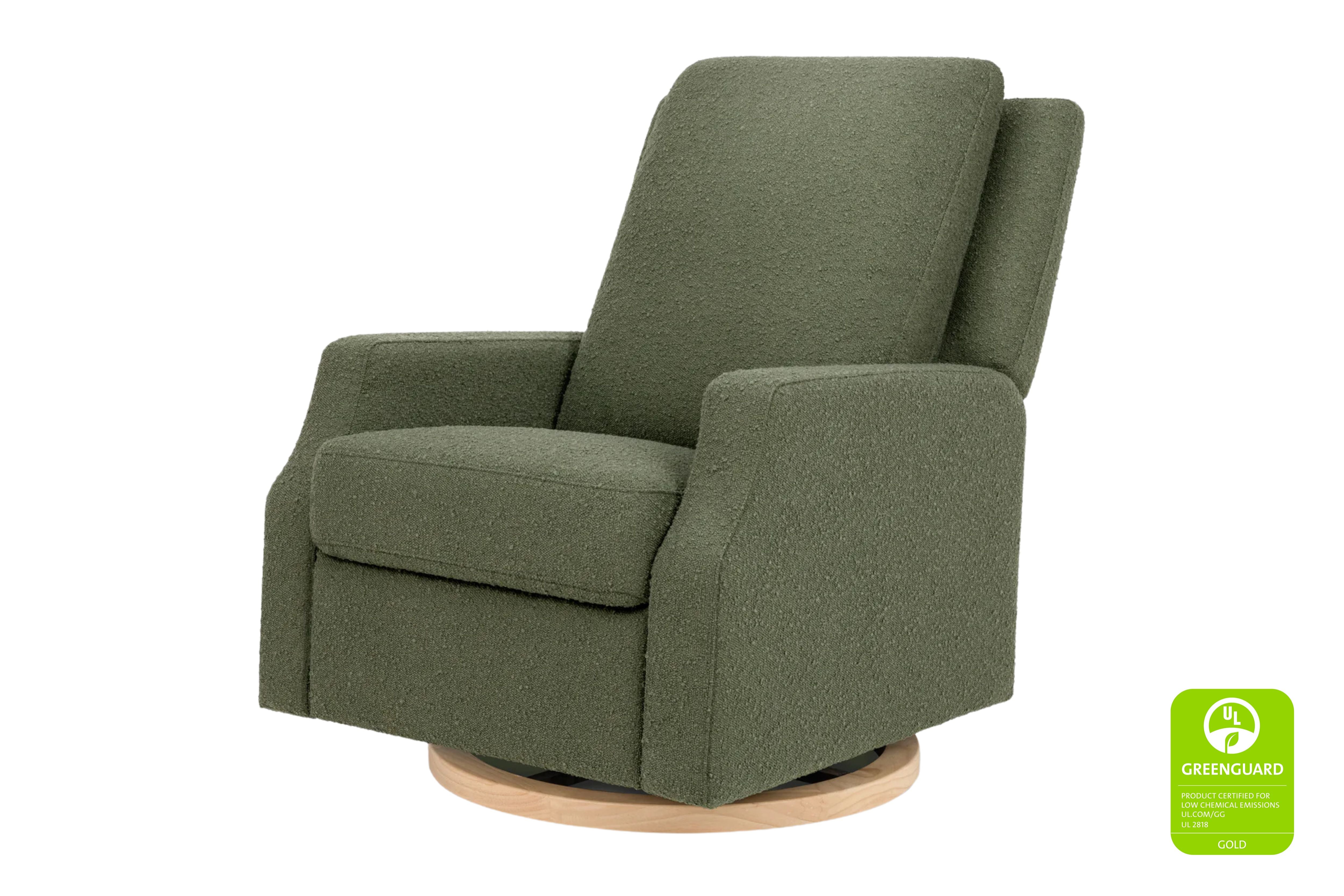 Namesake Crewe Recliner and Swivel Glider in Olive Boucle with light wood base #color_crewe-olive-boucle