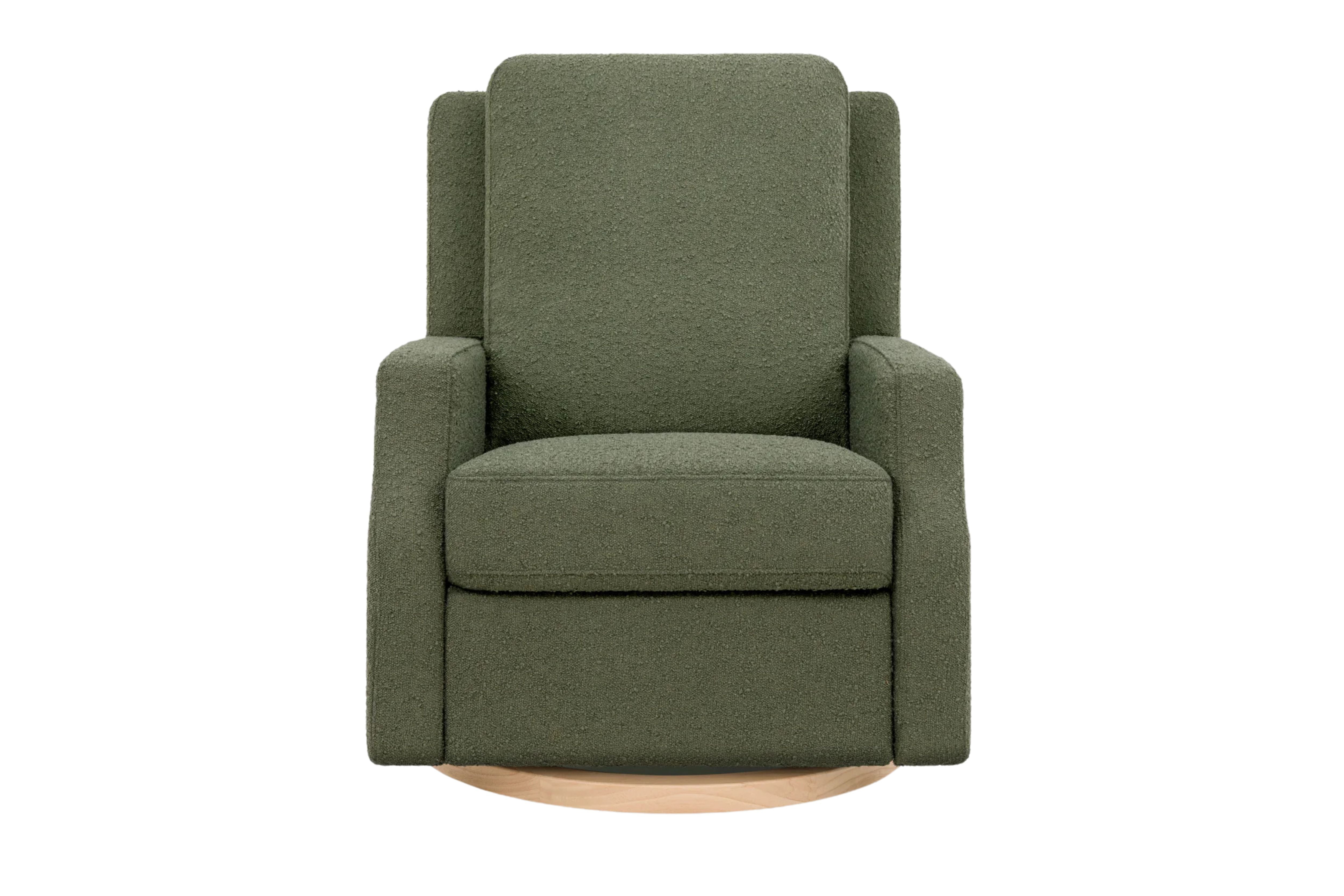 Namesake Crewe Recliner and Swivel Glider in Olive Boucle with light wood base #color_crewe-olive-boucle