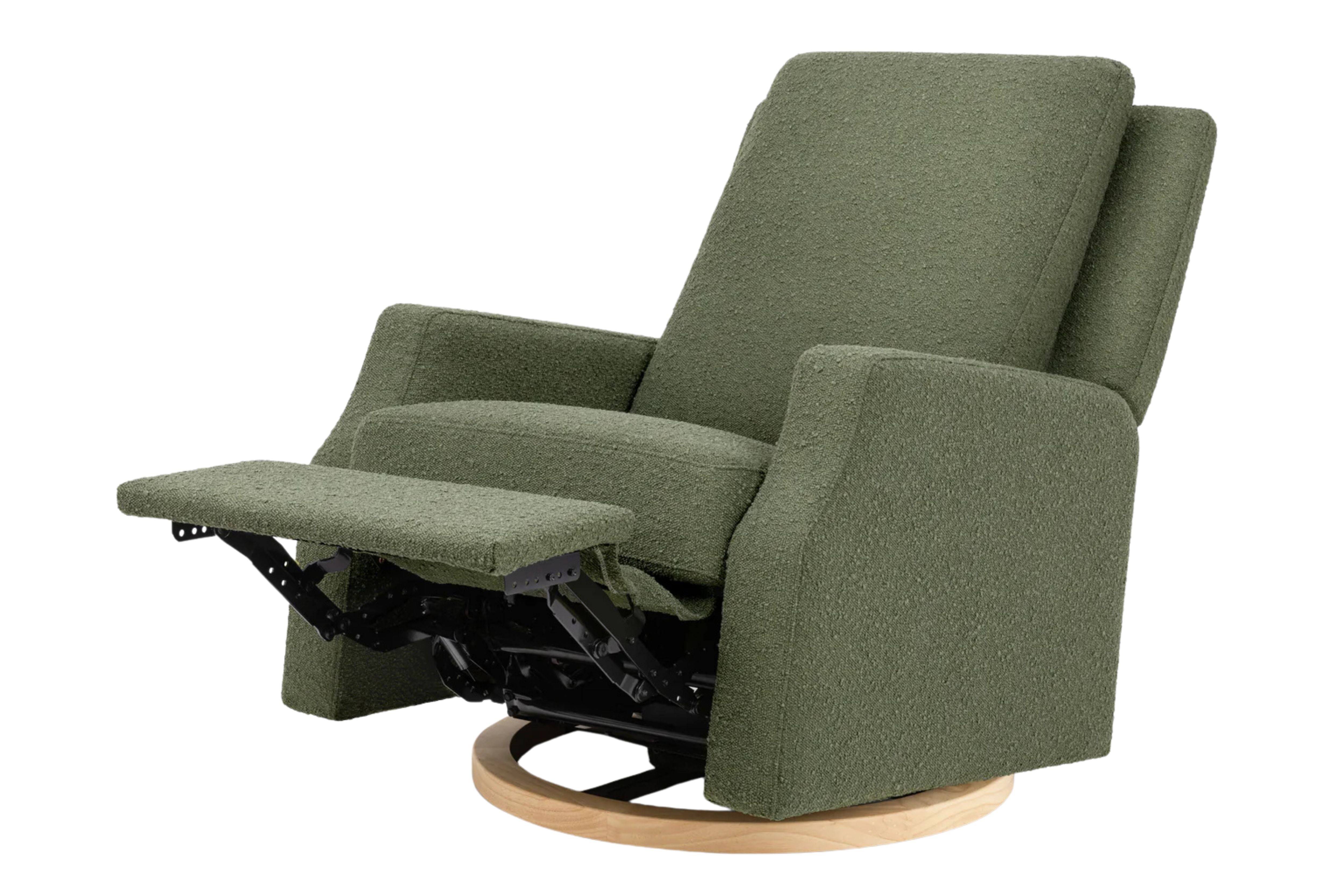 Namesake Crewe Recliner and Swivel Glider in Olive Boucle reclined #color_crewe-olive-boucle