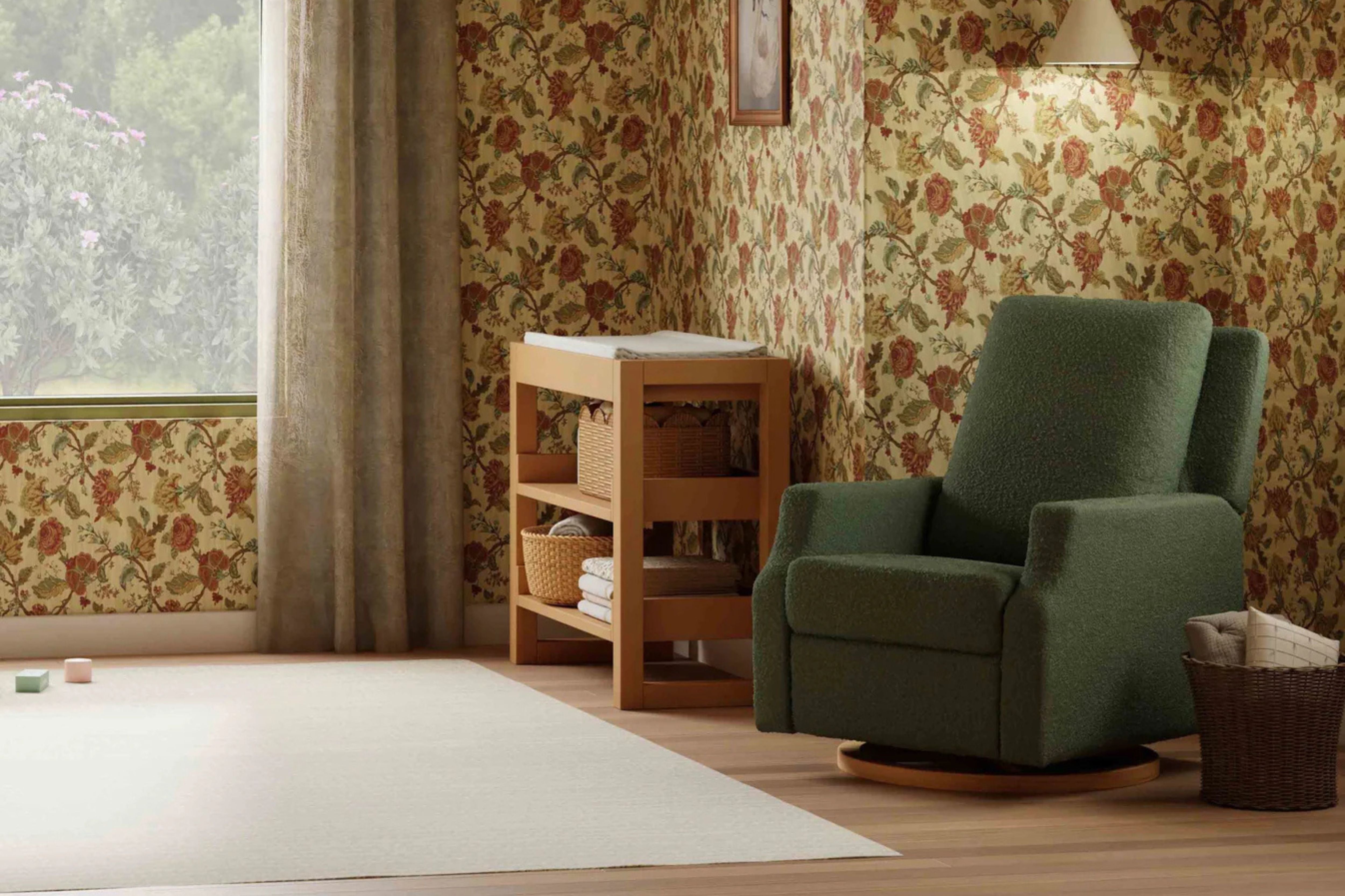 Namesake Crewe Recliner and Swivel Glider in Olive Boucle with light wood base  displayed in a cosy nursery #color_crewe-olive-boucle