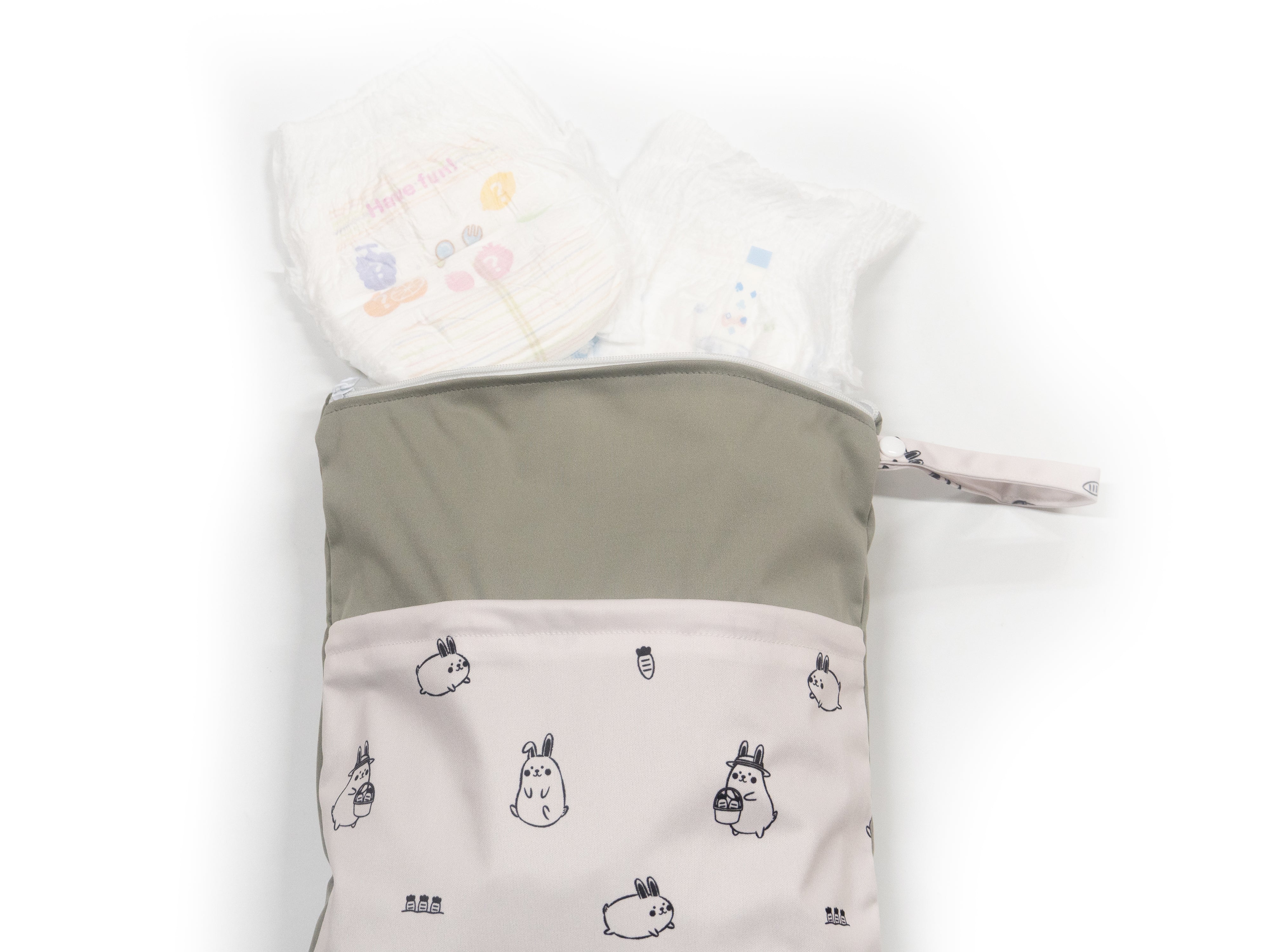 momo bunny slate wet bag with diapers