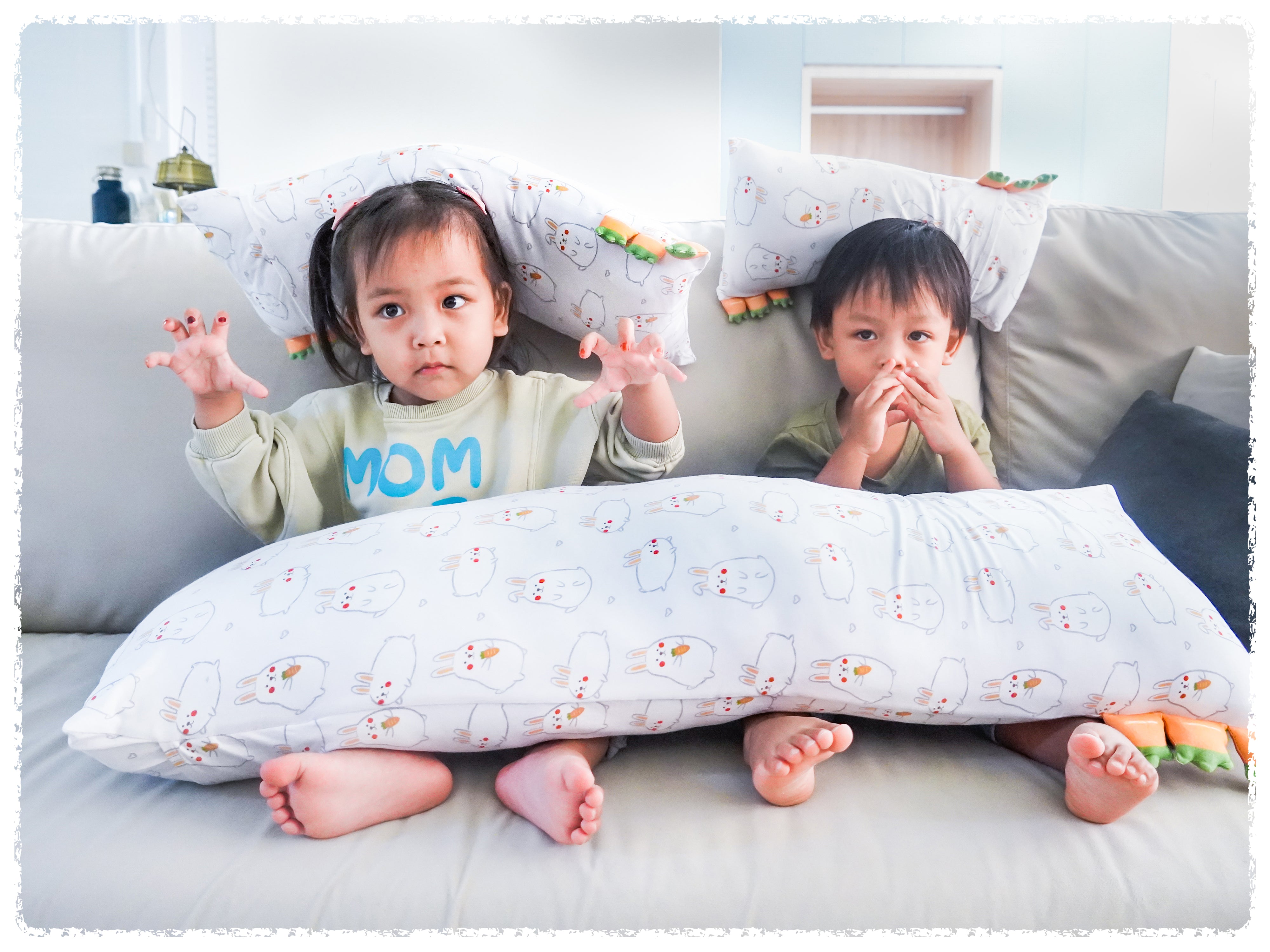 two toddlers with cho pillow momo bunny xl size pillows