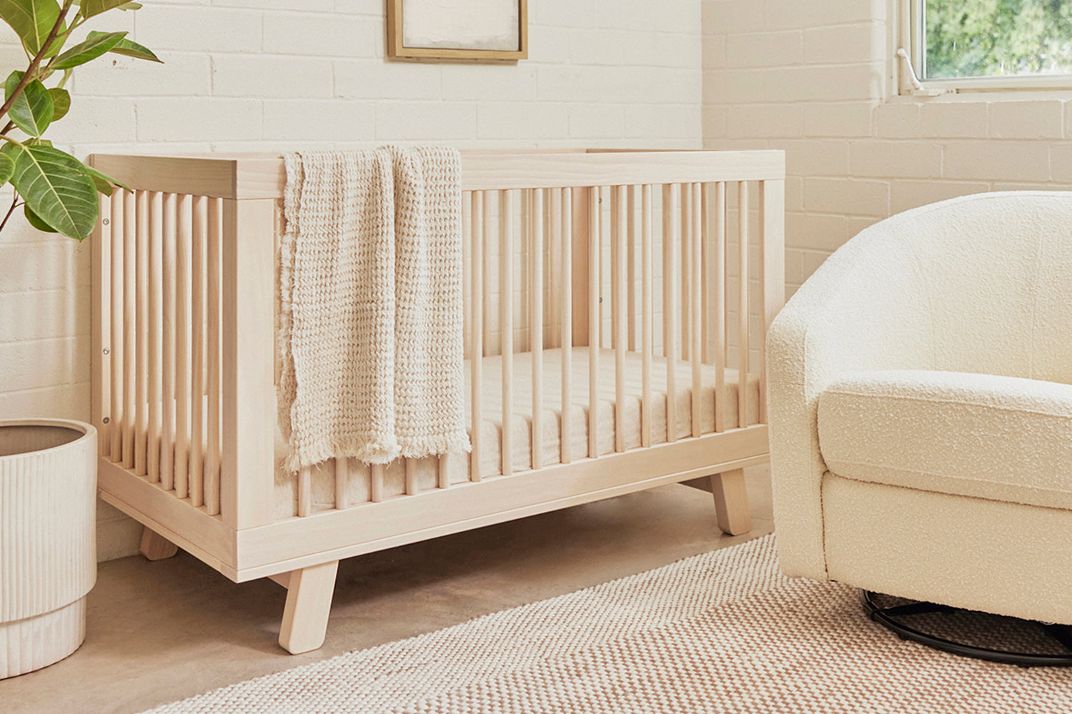 Babyletto Hudson washed baby cot with nursing chair in calming nursery