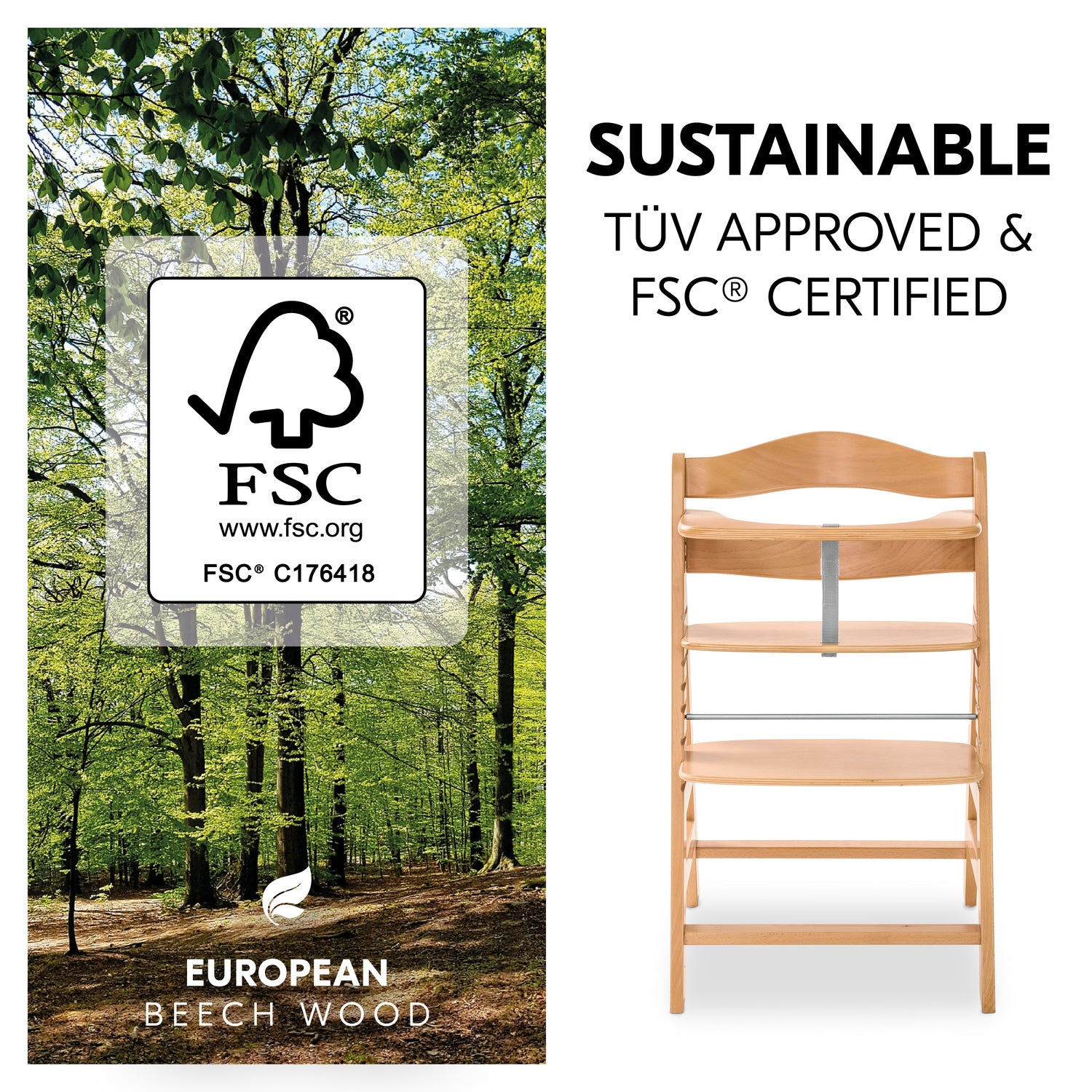 Wooden high chair with FSC certification logo and text on a white background