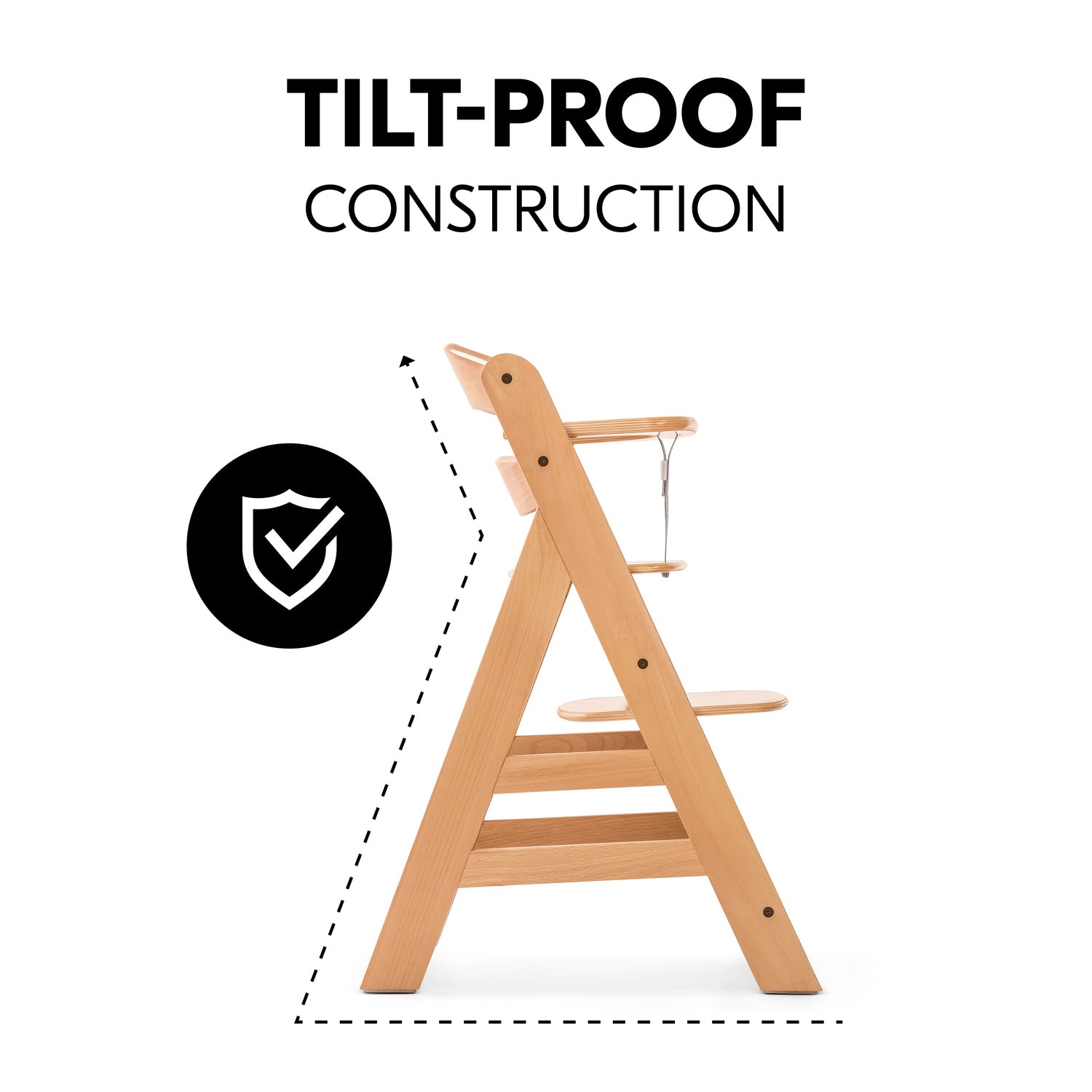 Wooden high chair with tilt-proof construction feature on a white background