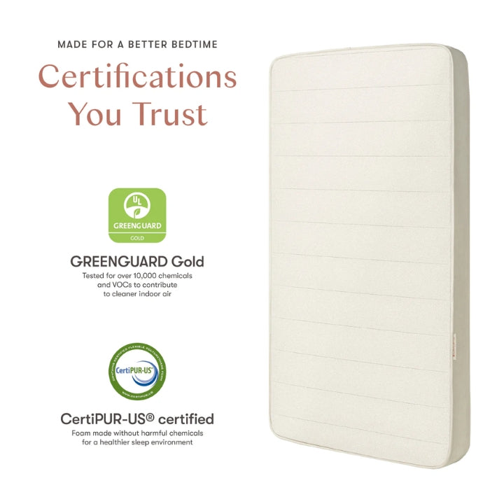 Babyletto Essential Twin Kids Mattress featuring GREENGUARD Gold and CertiPUR-US certifications for cleaner indoor air and safer materials.