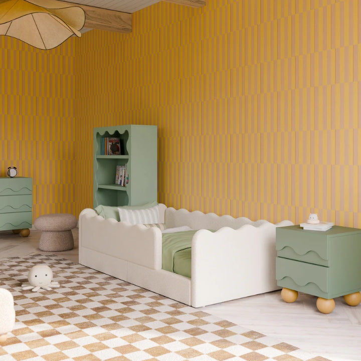 Babyletto Essential Twin Kids Mattress paired with the Babyletto Rizo Kids Bed in a modern children's bedroom setting.