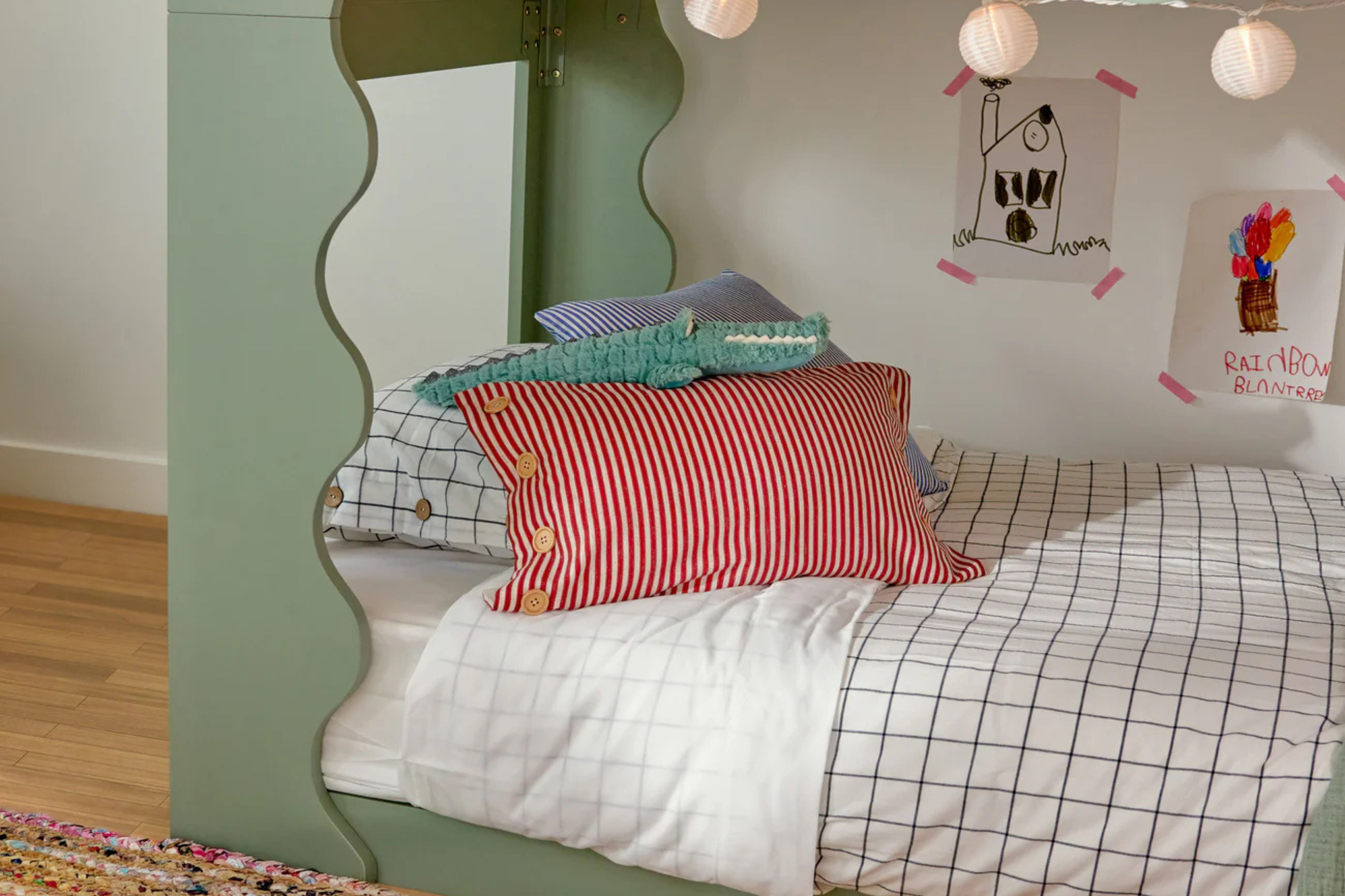 Light Sage convertible Babyletto Lido bunk bed with white mattress #color_light-sage