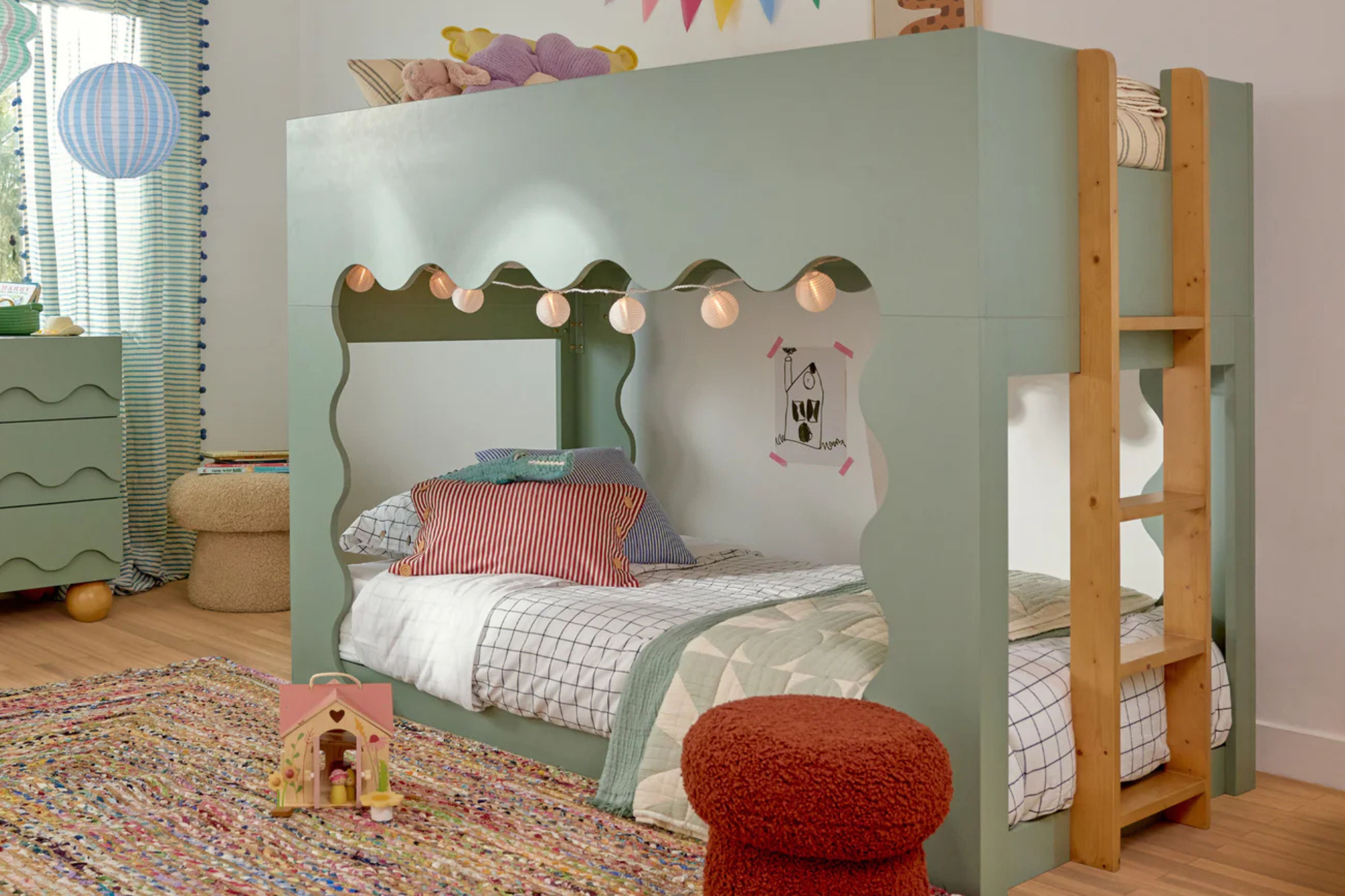 Light Sage convertible Babyletto Lido bunk bed with white mattress #color_light-sage