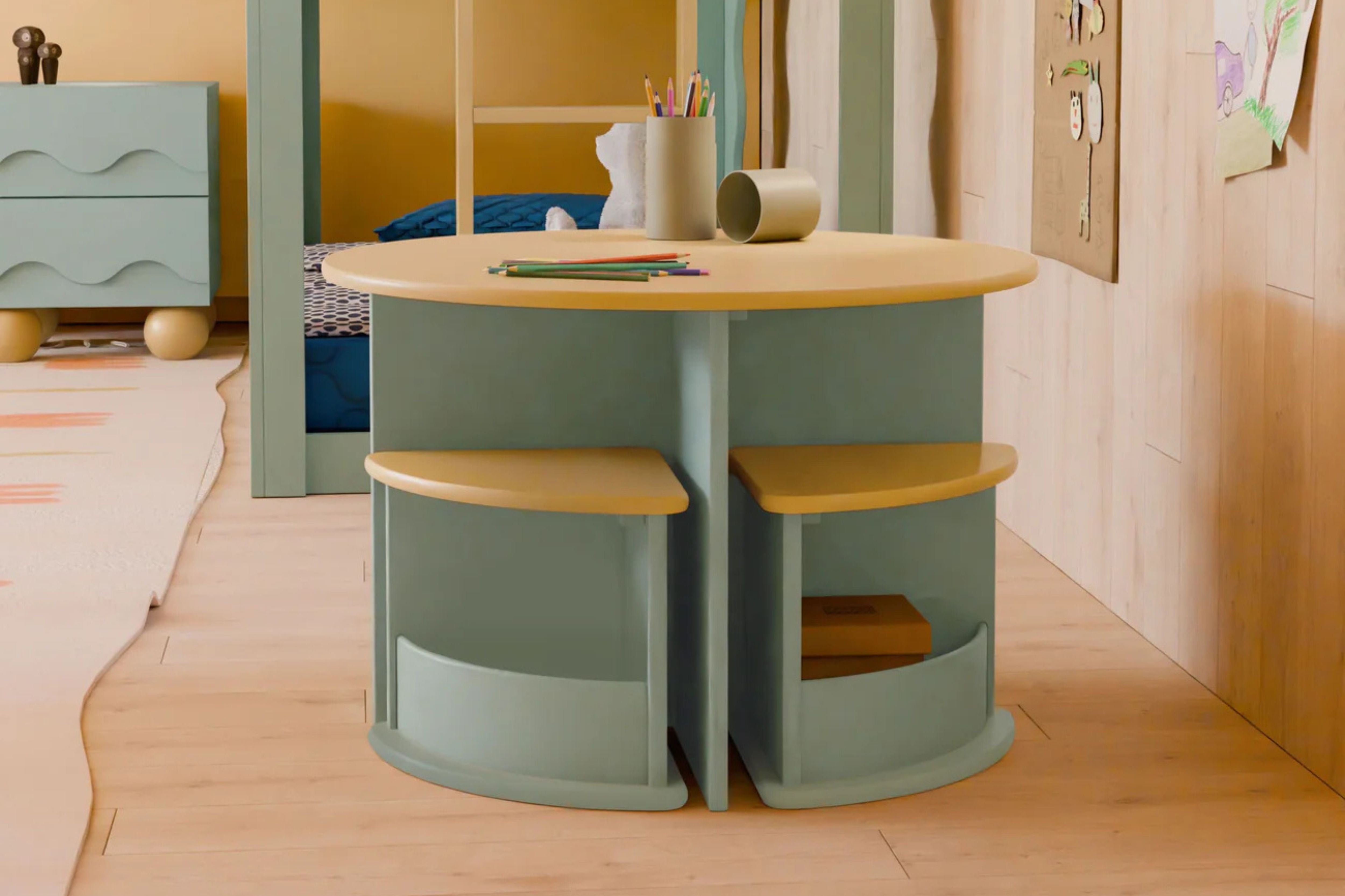 Nessa nesting children's play table and chairs set #color_light-sage-honey