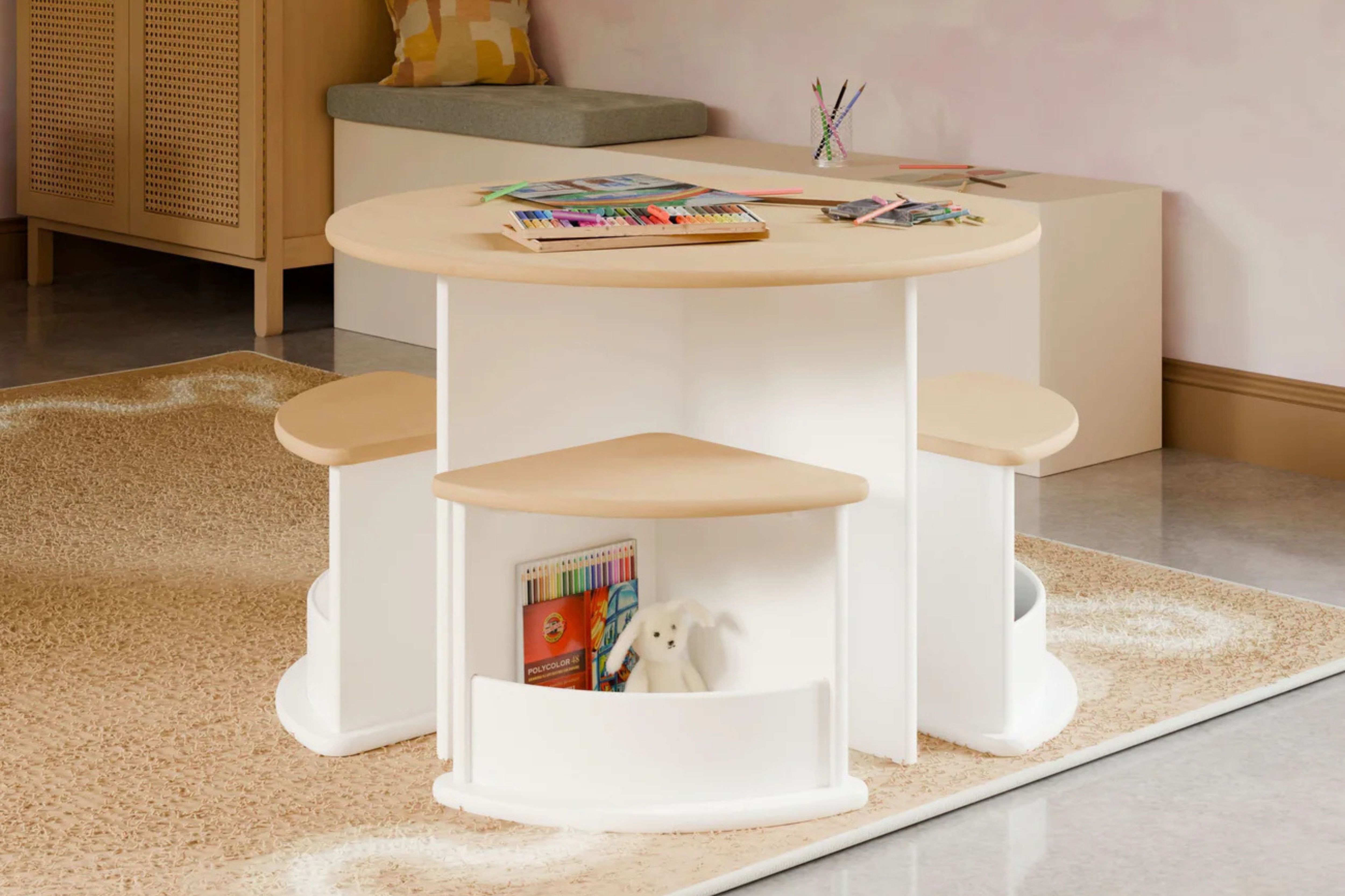 Nessa nesting children's play table and chairs set #color_white-and-washed