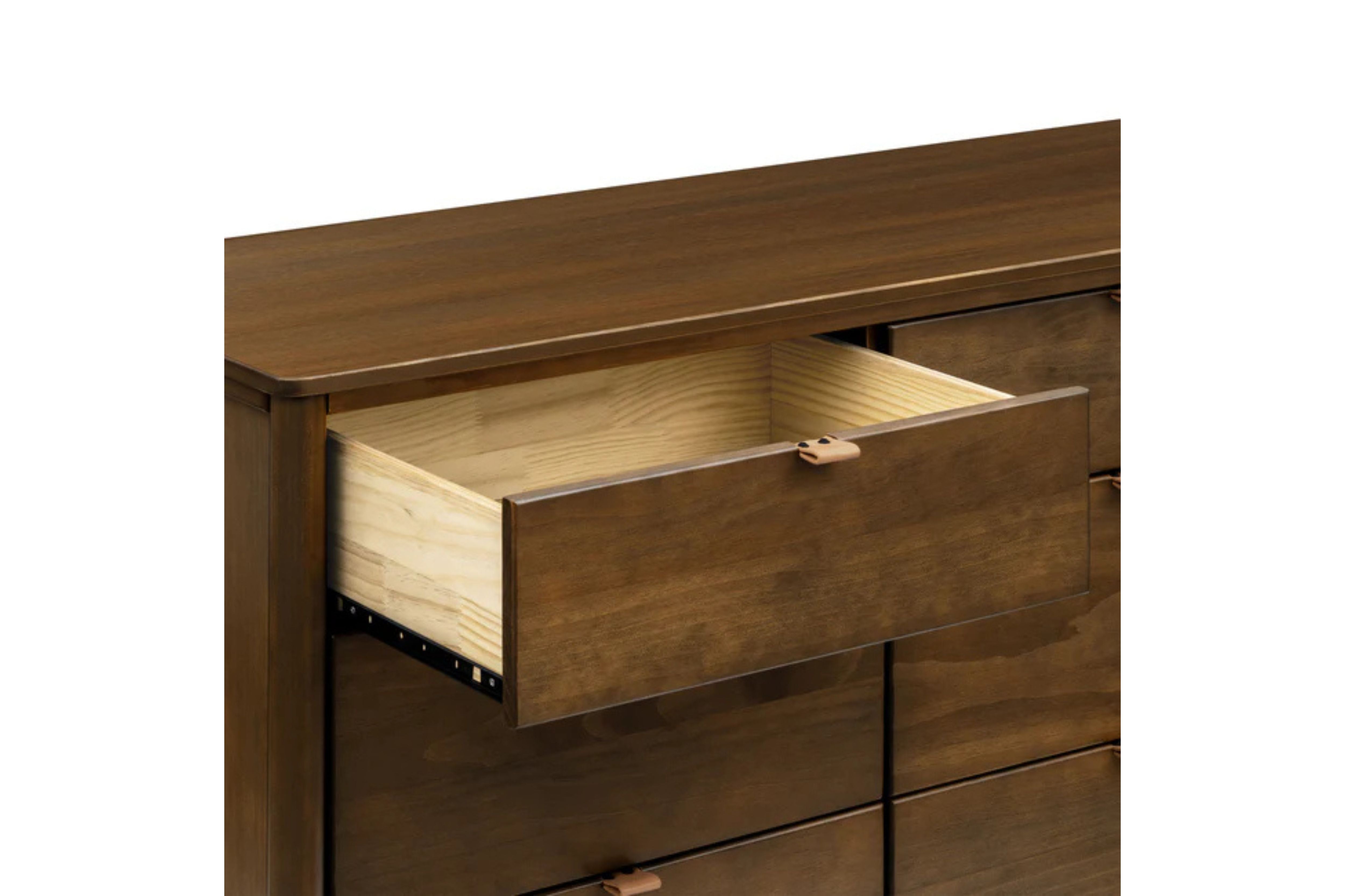 Detailed view of the Babyletto Bondi 6-Drawer Assembled Dresser drawer #color_walnut