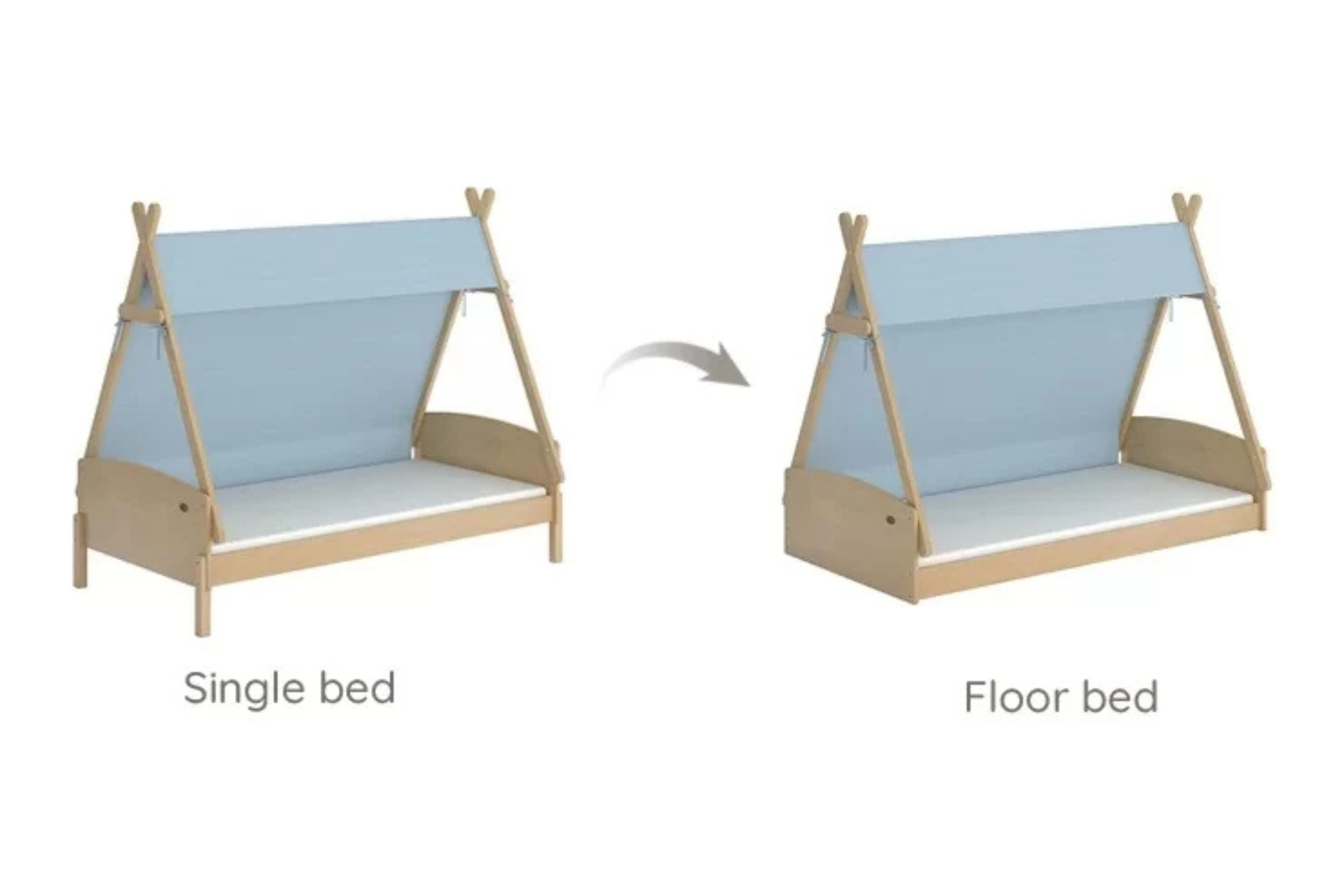 Single to floor bed configuration of the Boori Matilda Single Floor Bed with Teepee