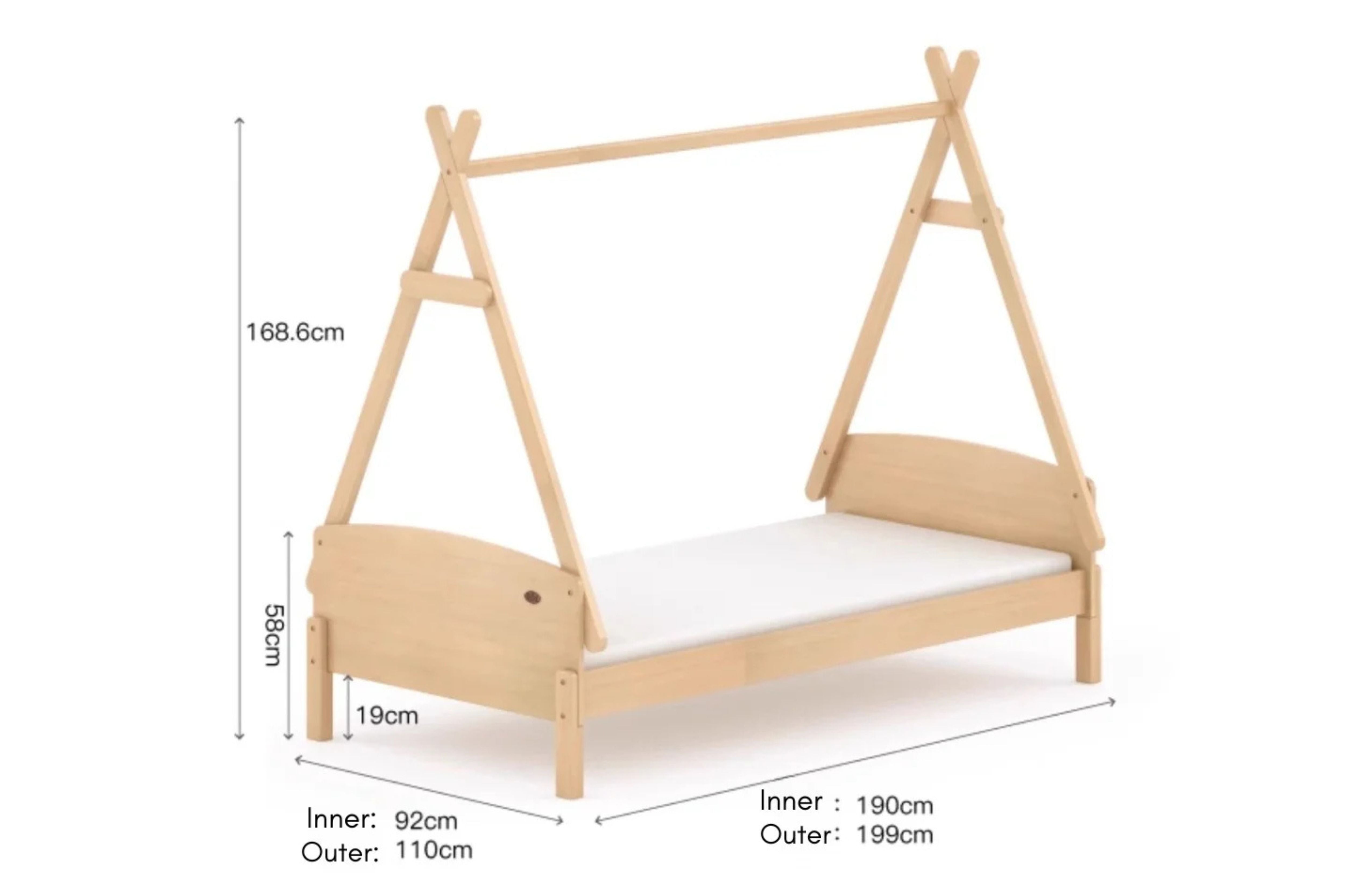 Details and measurements of the Boori Matilda Single Floor Bed with Teepee