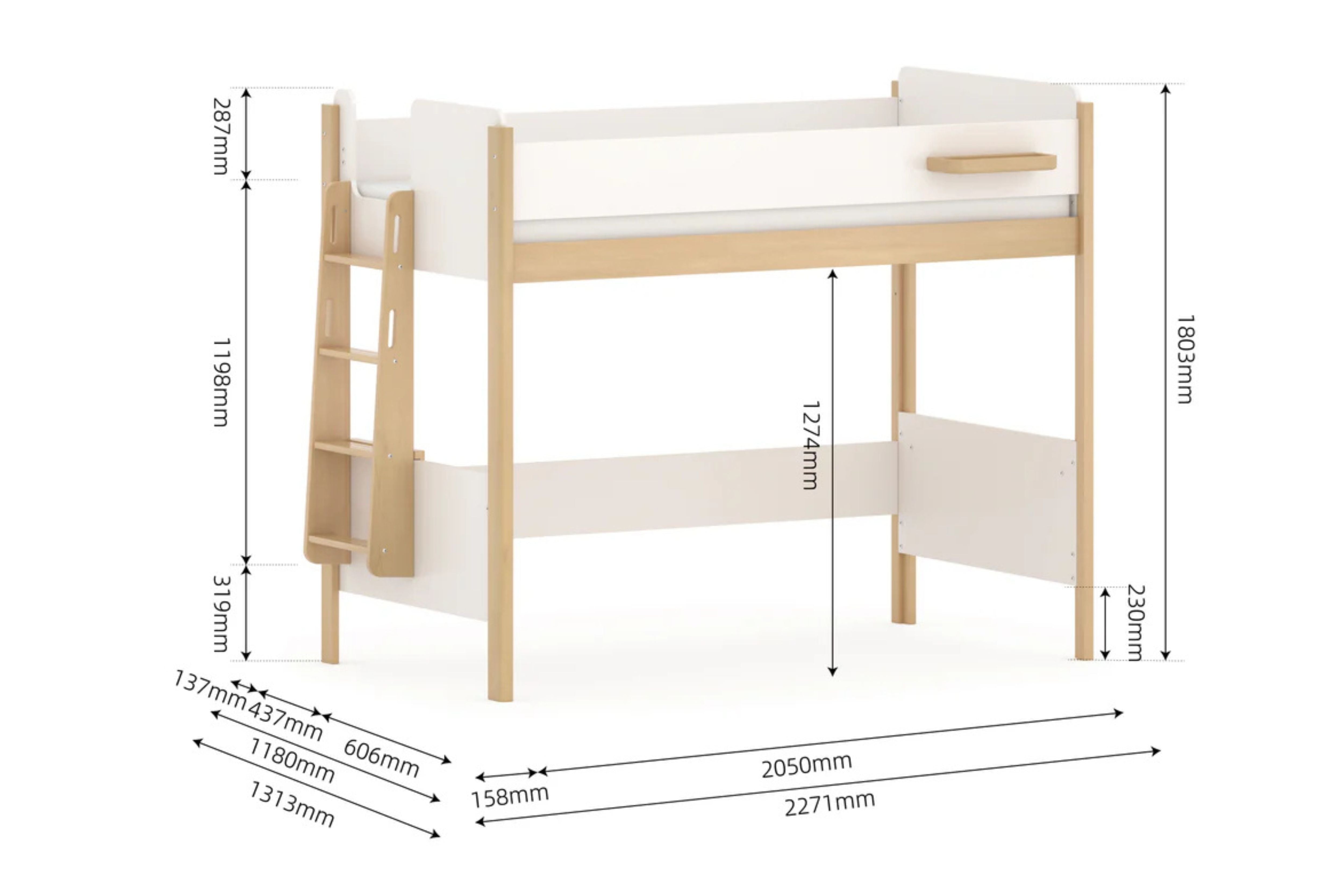 Details and measurements of the Boori Natty King Single Loft Bed with Ladder
