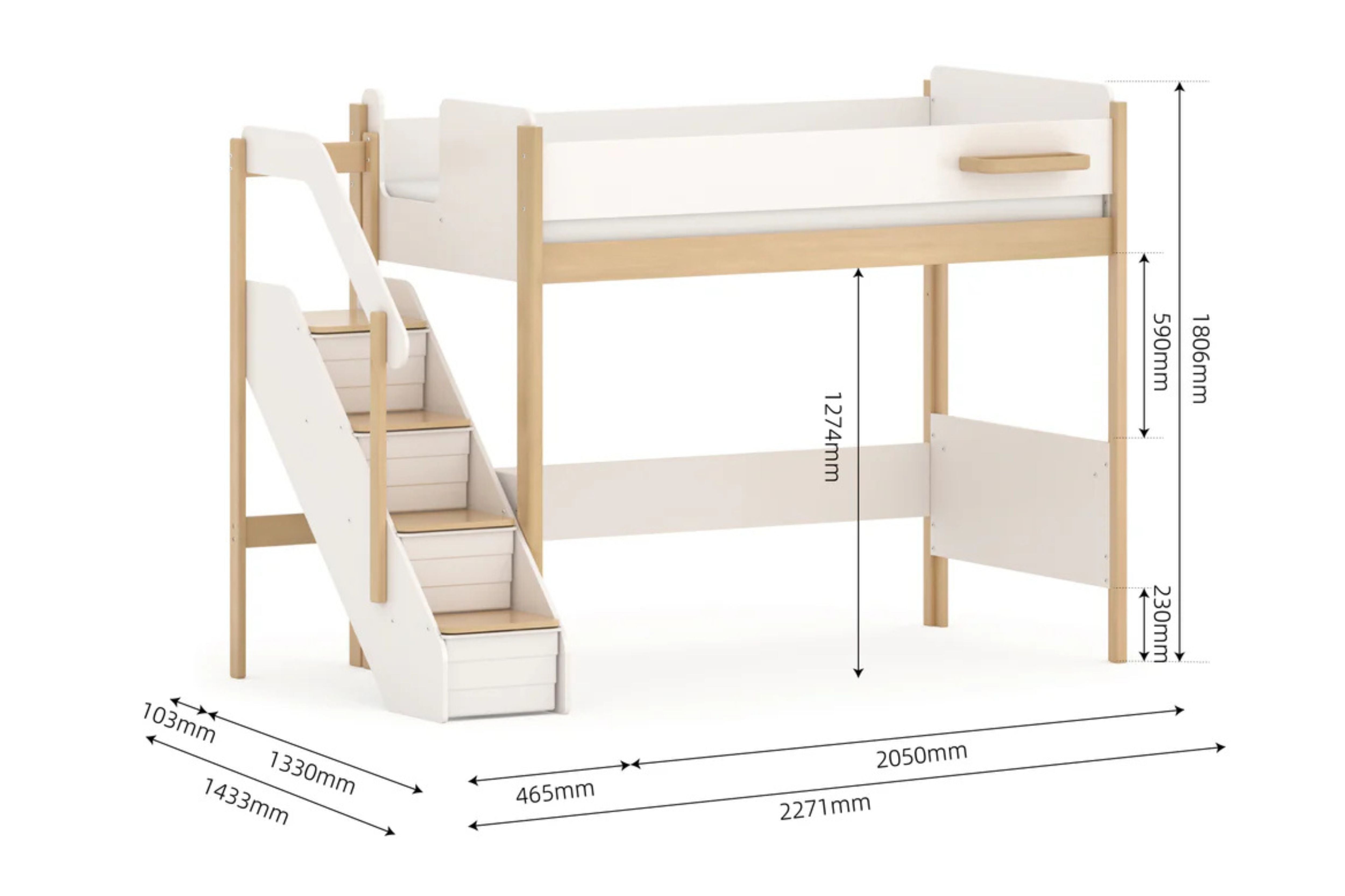 Details and measurements of the Boori Natty King Single Loft Bed with Staircase (203x107cm)