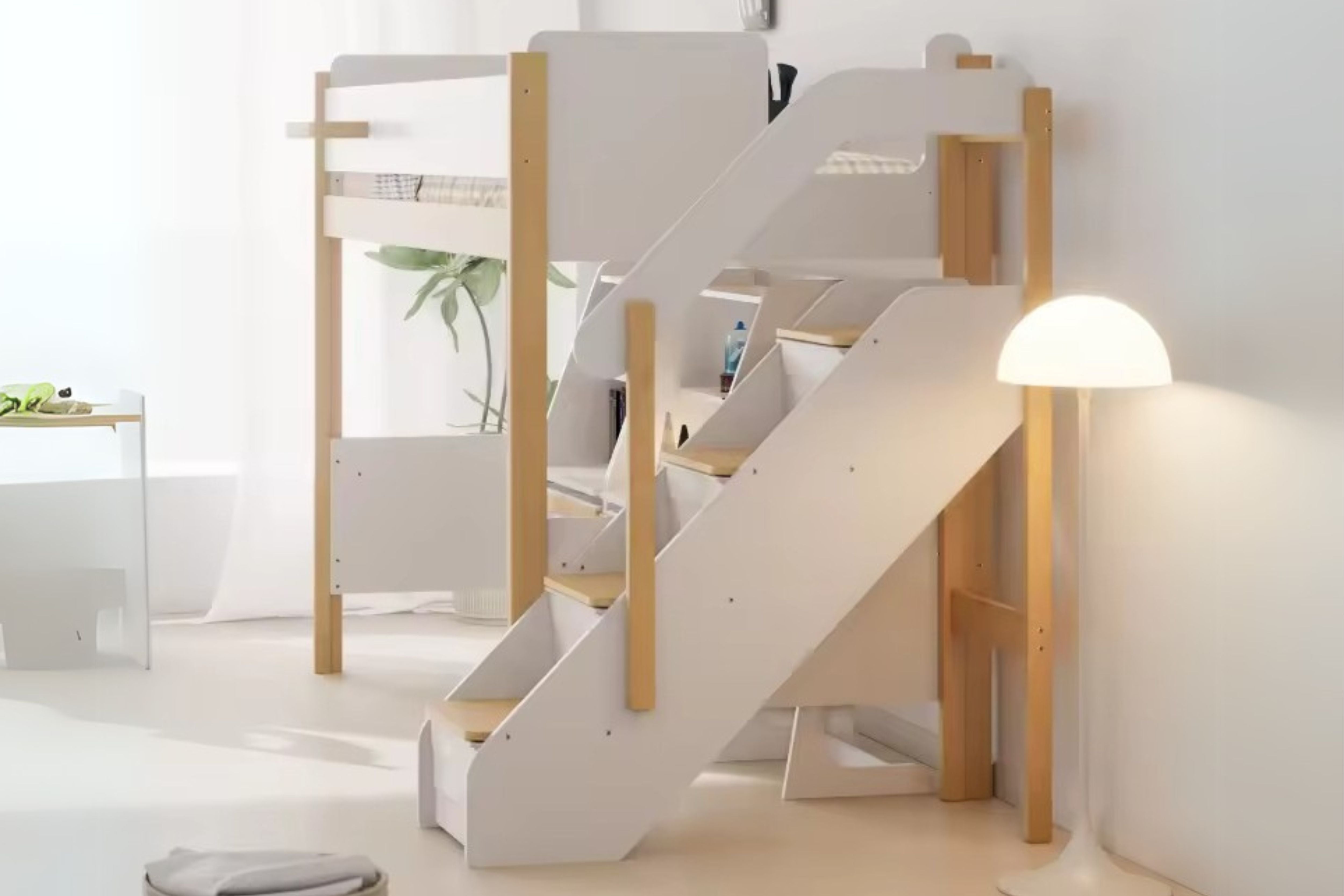 Side angle view of the Boori Natty King Single Loft Bed with Staircase (203x107cm)