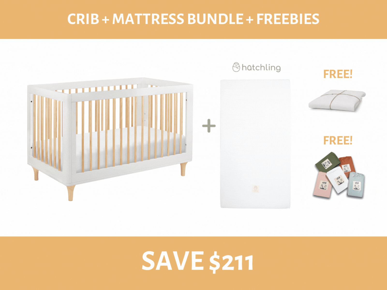 Crib + Hatchling Mattress + Mattress Protector + Cot Sheet Bundle (save $211)