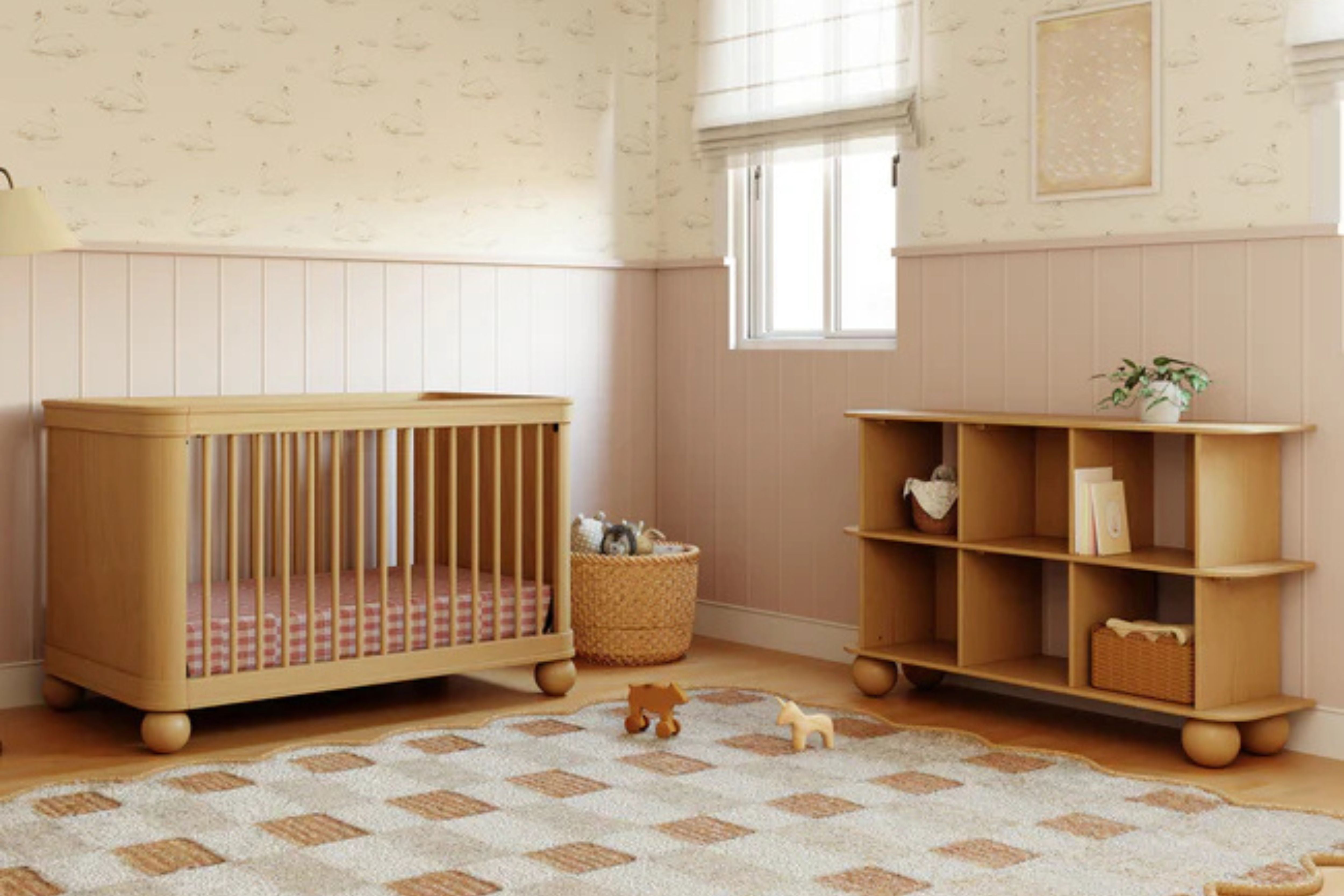 Babyletto Crosby 3-in-1 Convertible Crib in Honey finish styled in a warm and whimsical nursery #color_honey
