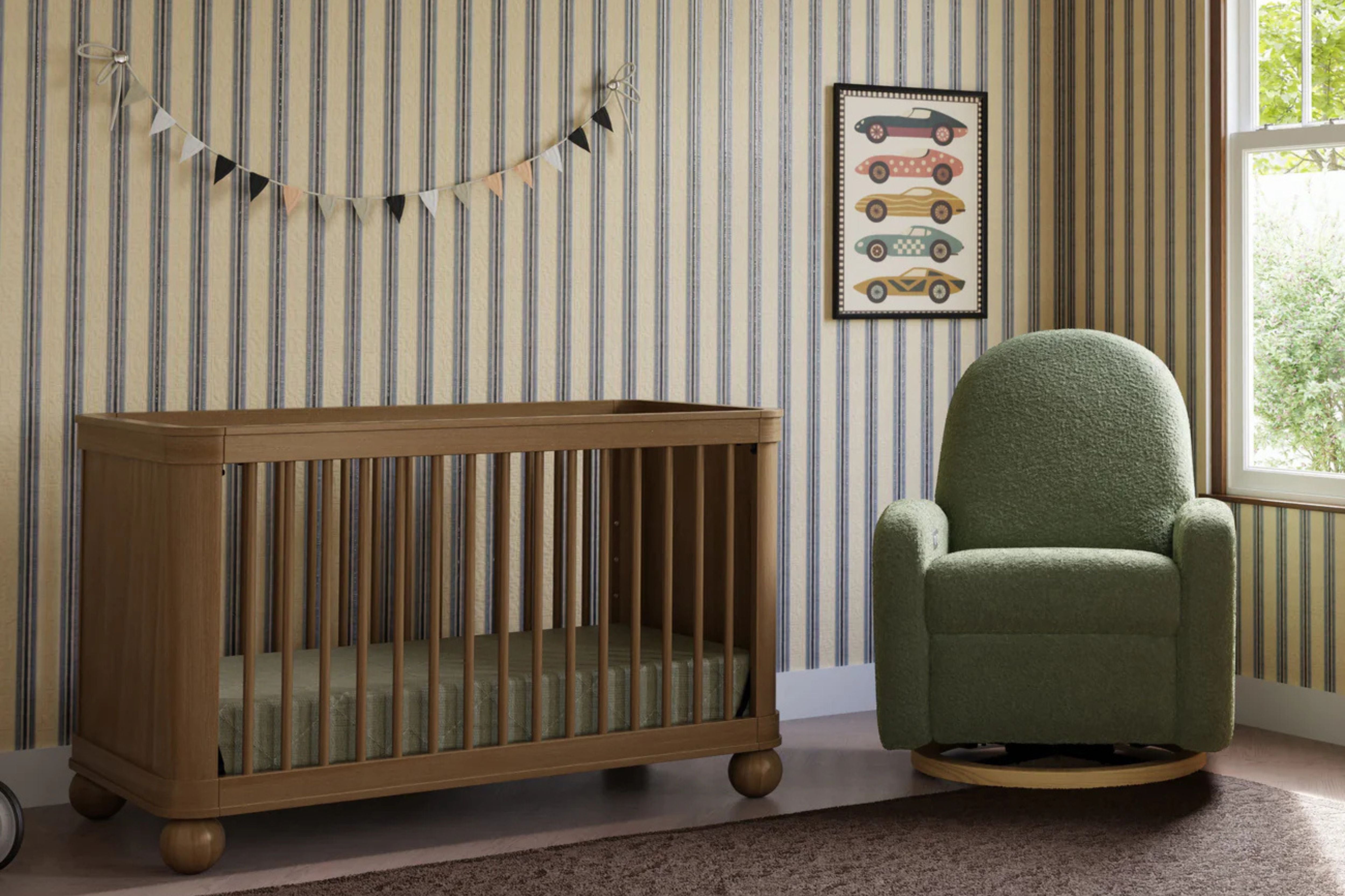 Namesake Crosby 3-in-1 Convertible Crib in Walnut finish displayed alongside a Nami Recliner and Swivel Glider nursery chair in a vintage-inspired nursery #color_walnut