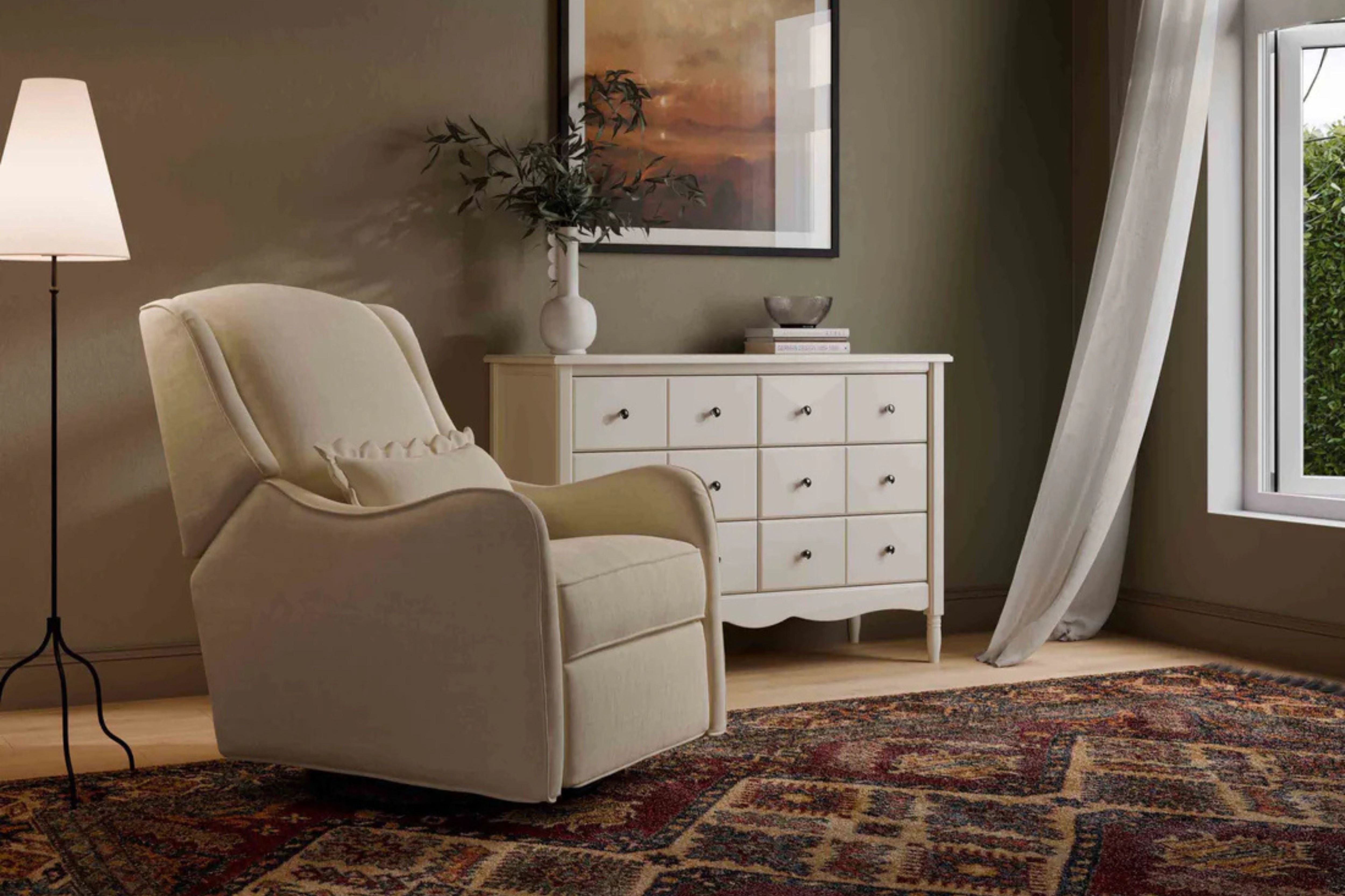 Devon Nursing Chair styled alongside a convertible crib in a modern mid-century nursery #color_cream