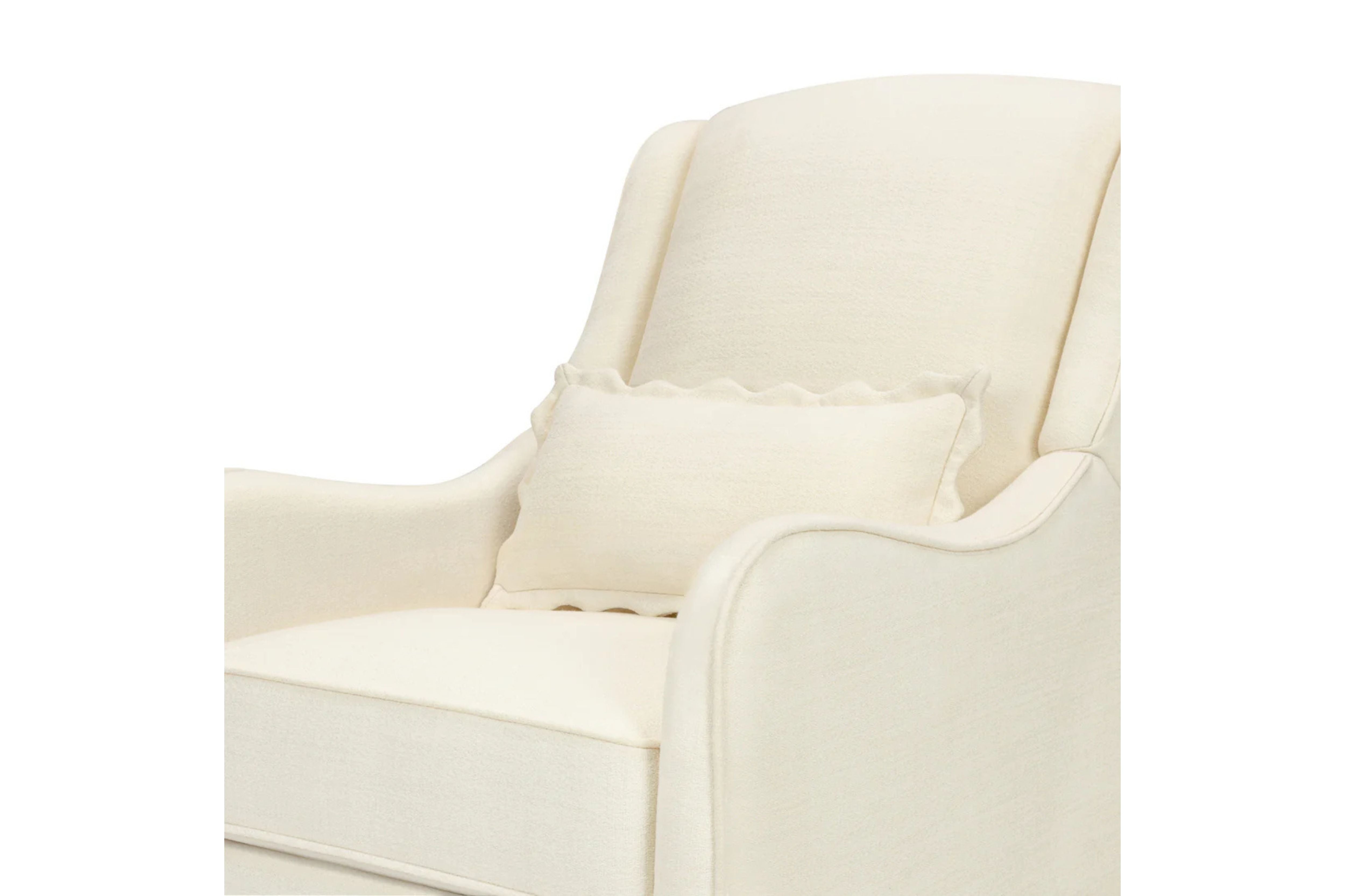 Close-up detail of the Devon Recliner and Swivel Glider Nursing Chair, highlighting its soft curves, plush lumbar pillow, and refined upholstery #color_cream