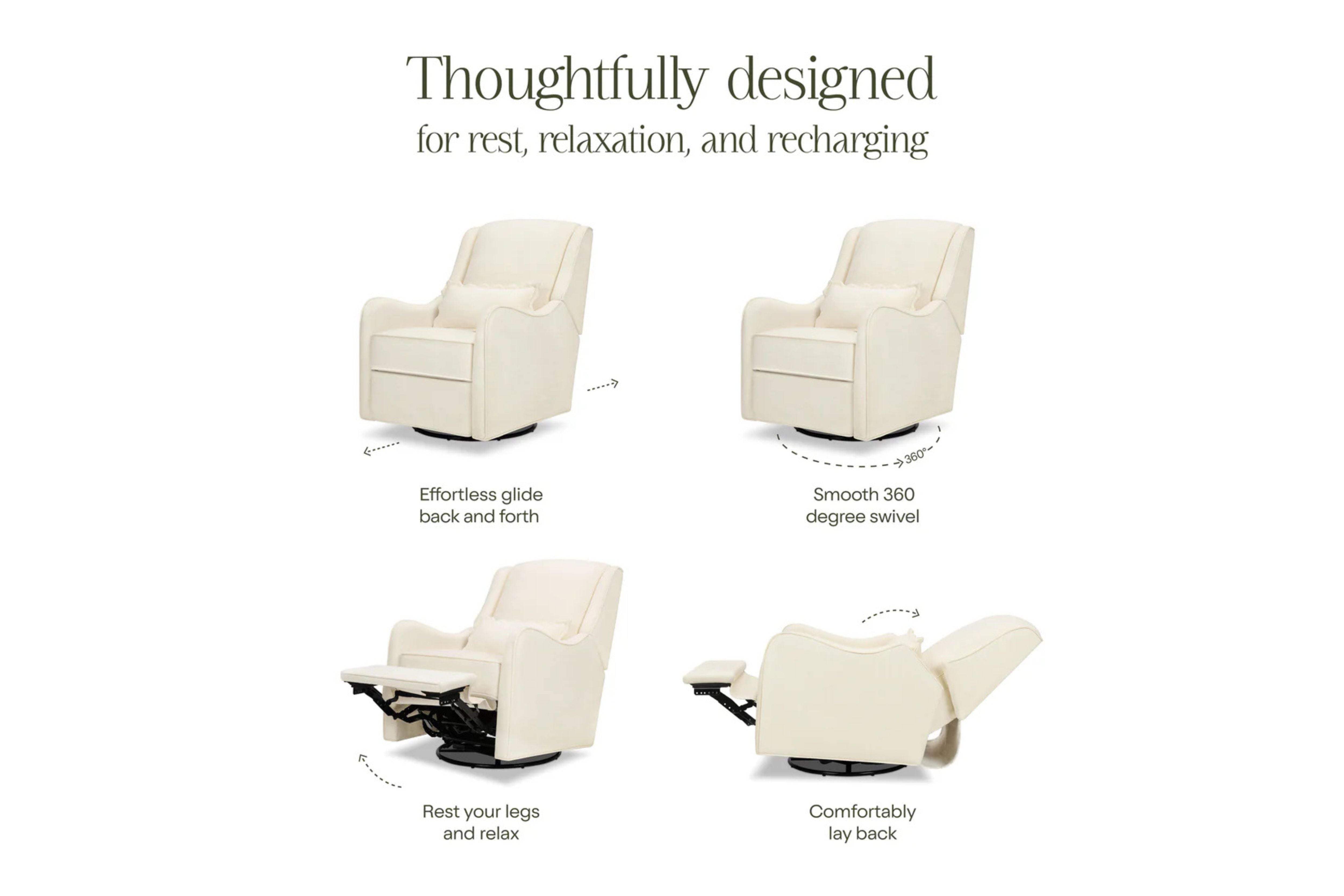 Devon Recliner and Swivel Glider Nursing Chair in Cream demonstrating its versatile configurations, including upright seating, smooth gliding and swiveling, and full recline for added comfort #color_cream