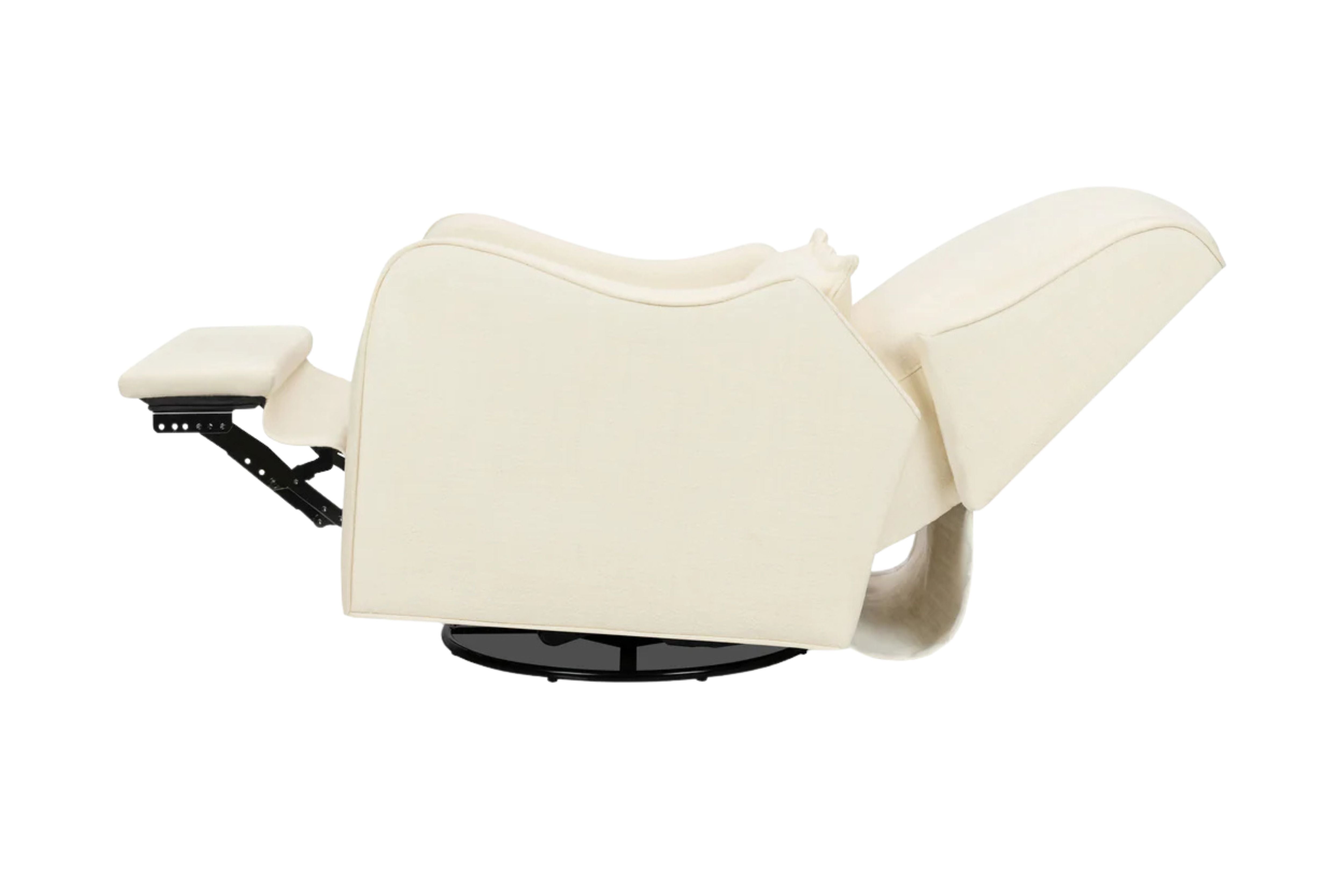 Side view of the Devon Recliner and Swivel Glider Nursing Chair in Cream, displayed in its fully reclined position to showcase its reclining function and supportive design #color_cream