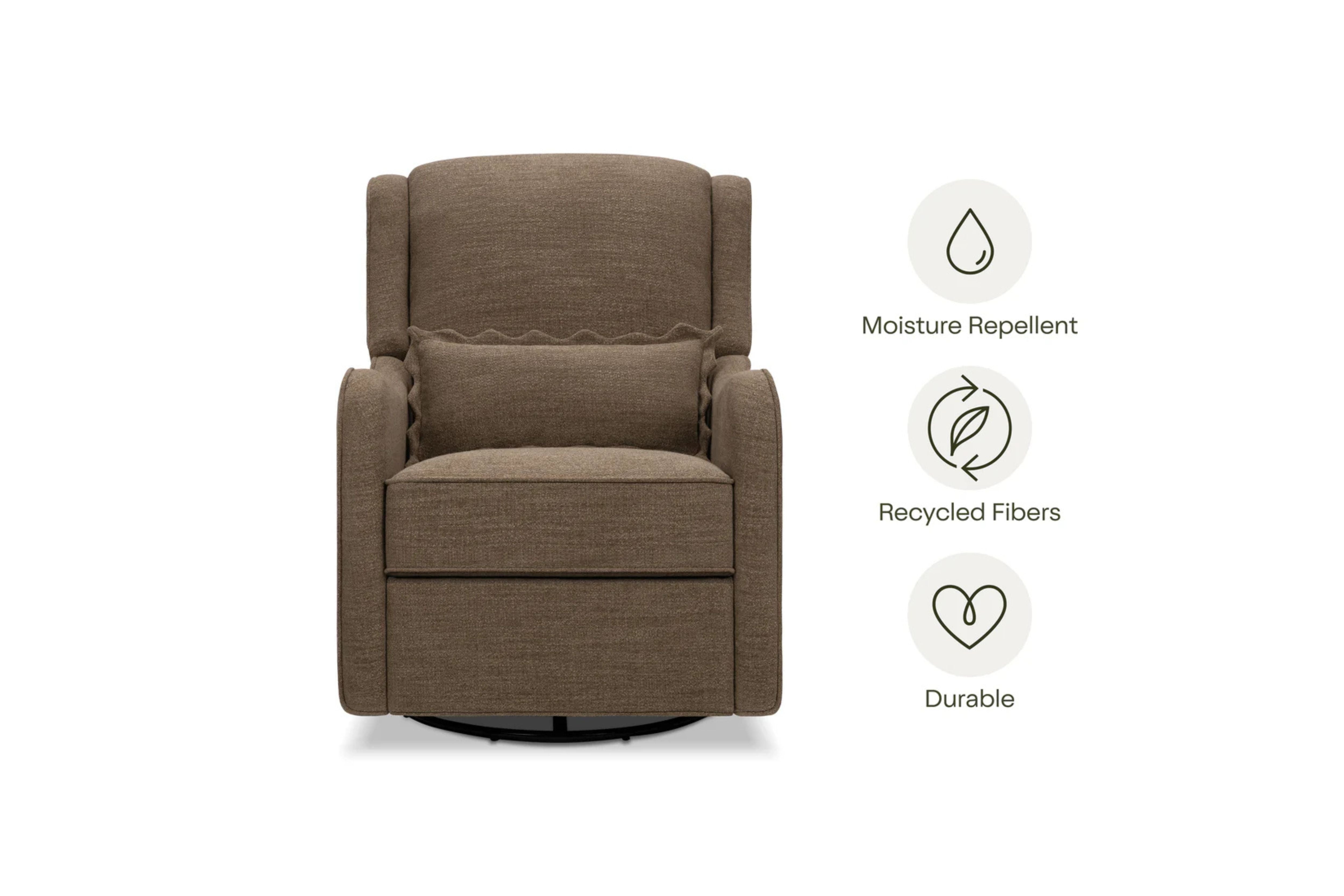 Devon Recliner and Swivel Glider Nursing Chair in Truffle showcasing its functional, key features #color_truffle