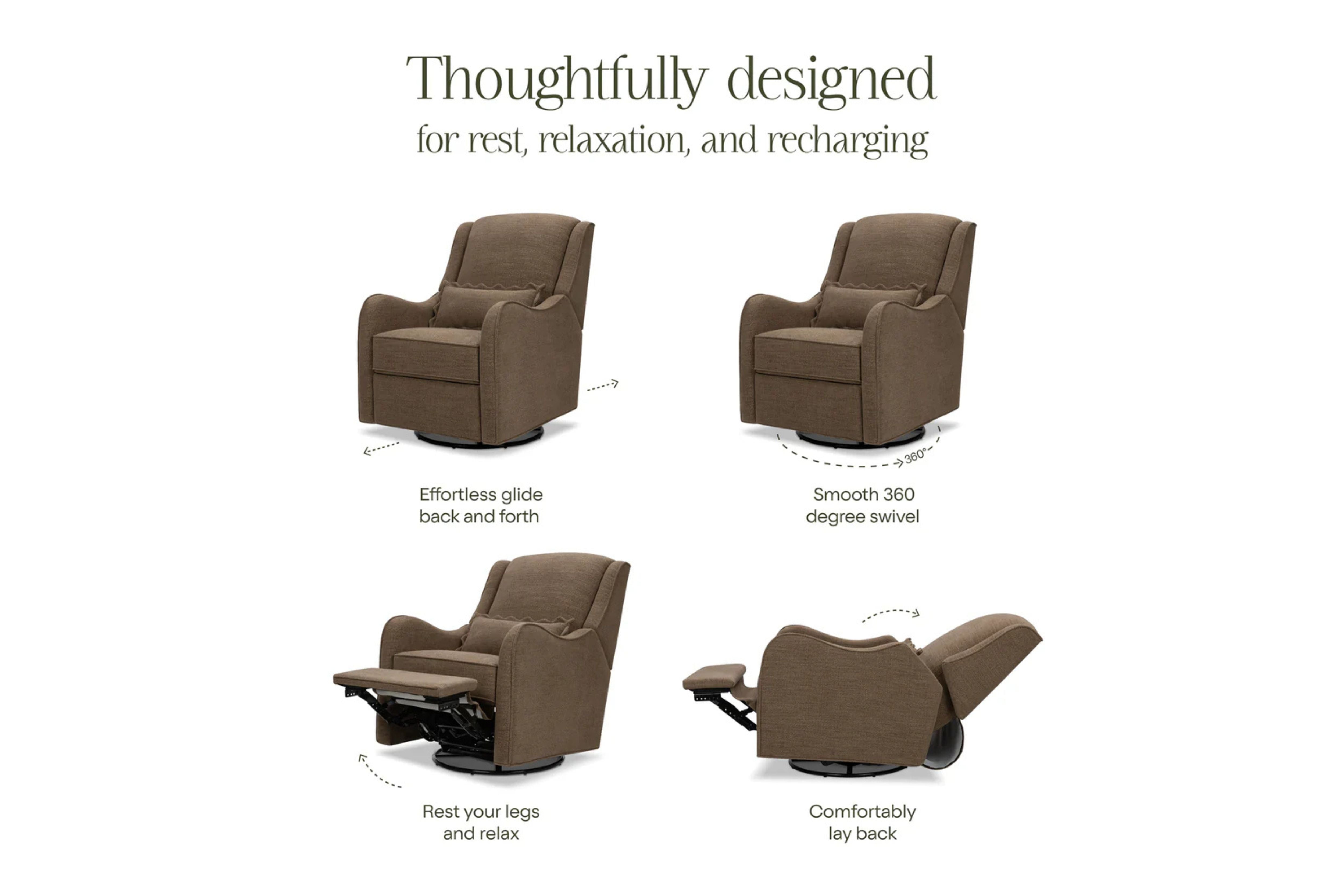 Devon Recliner and Swivel Glider Nursing Chair in Truffle demonstrating its versatile configurations, including upright seating, smooth gliding and swiveling, and full recline for added comfort #color_truffle