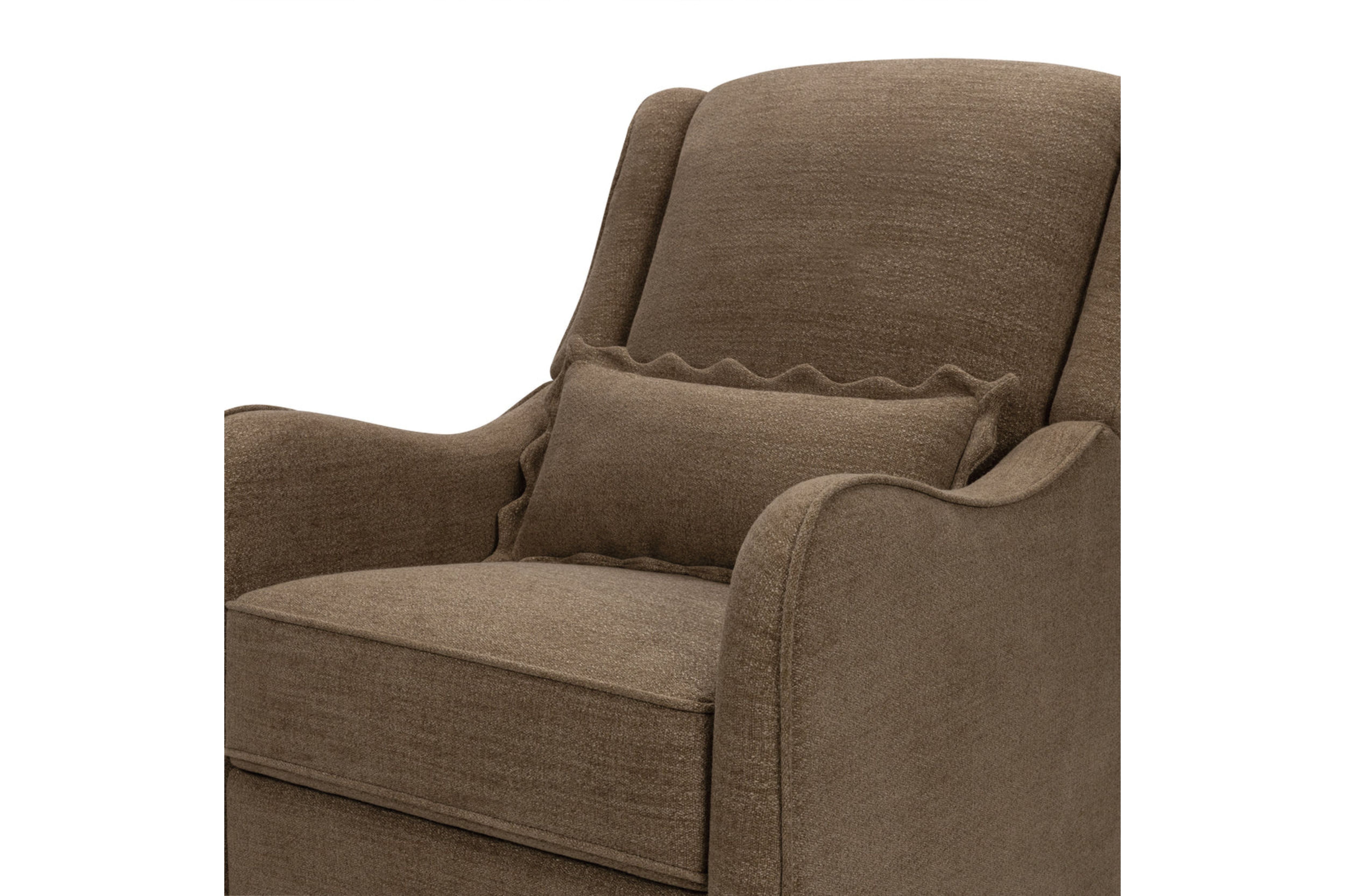 Close-up detail of the Devon Recliner and Swivel Glider Nursing Chair, highlighting its soft curves, plush lumbar pillow, and refined upholstery #color_truffle