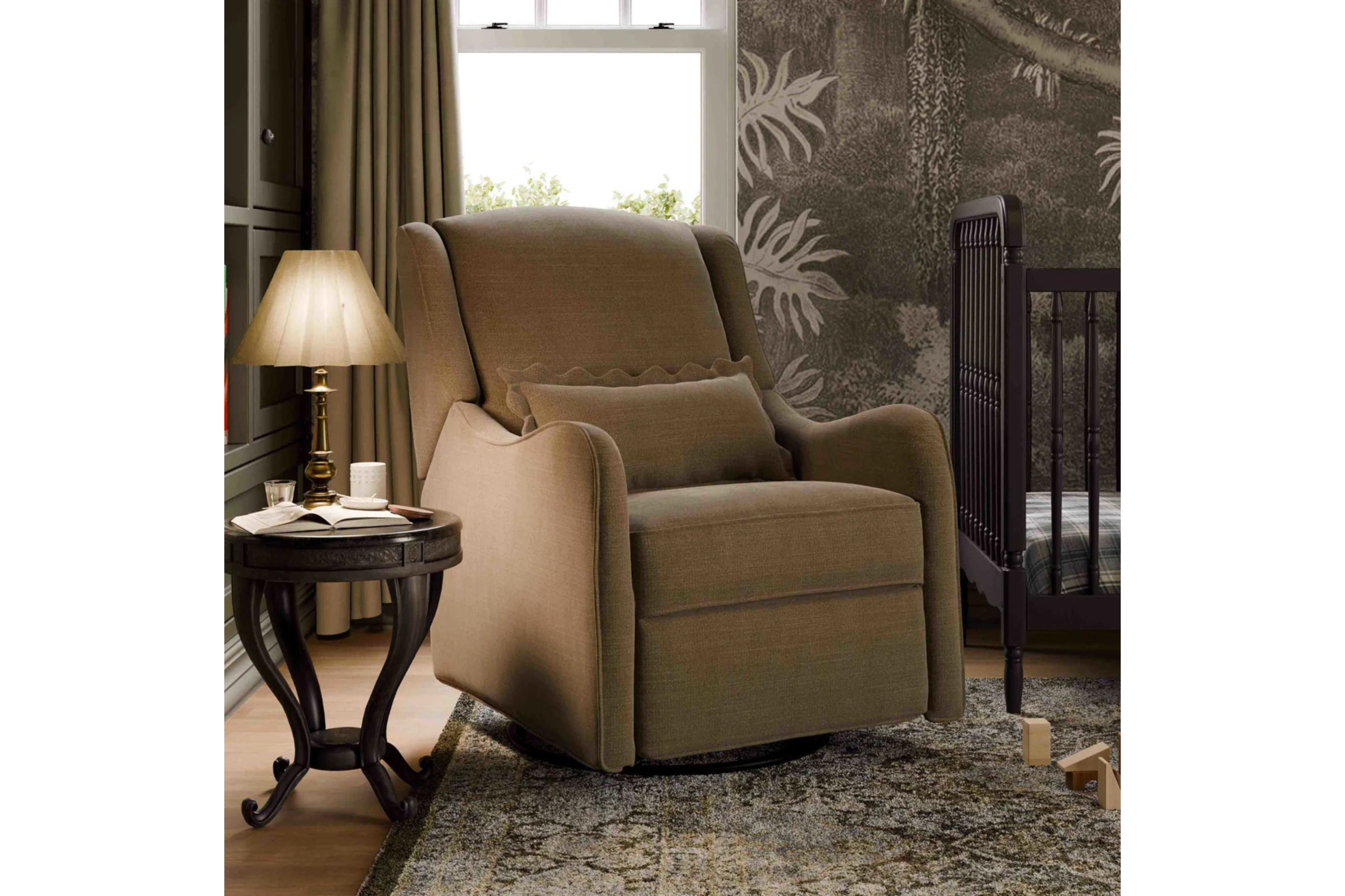 Devon Recliner and Swivel Glider Nursing Chair in Truffle styled in a cozy corner of the nursery #color_truffle