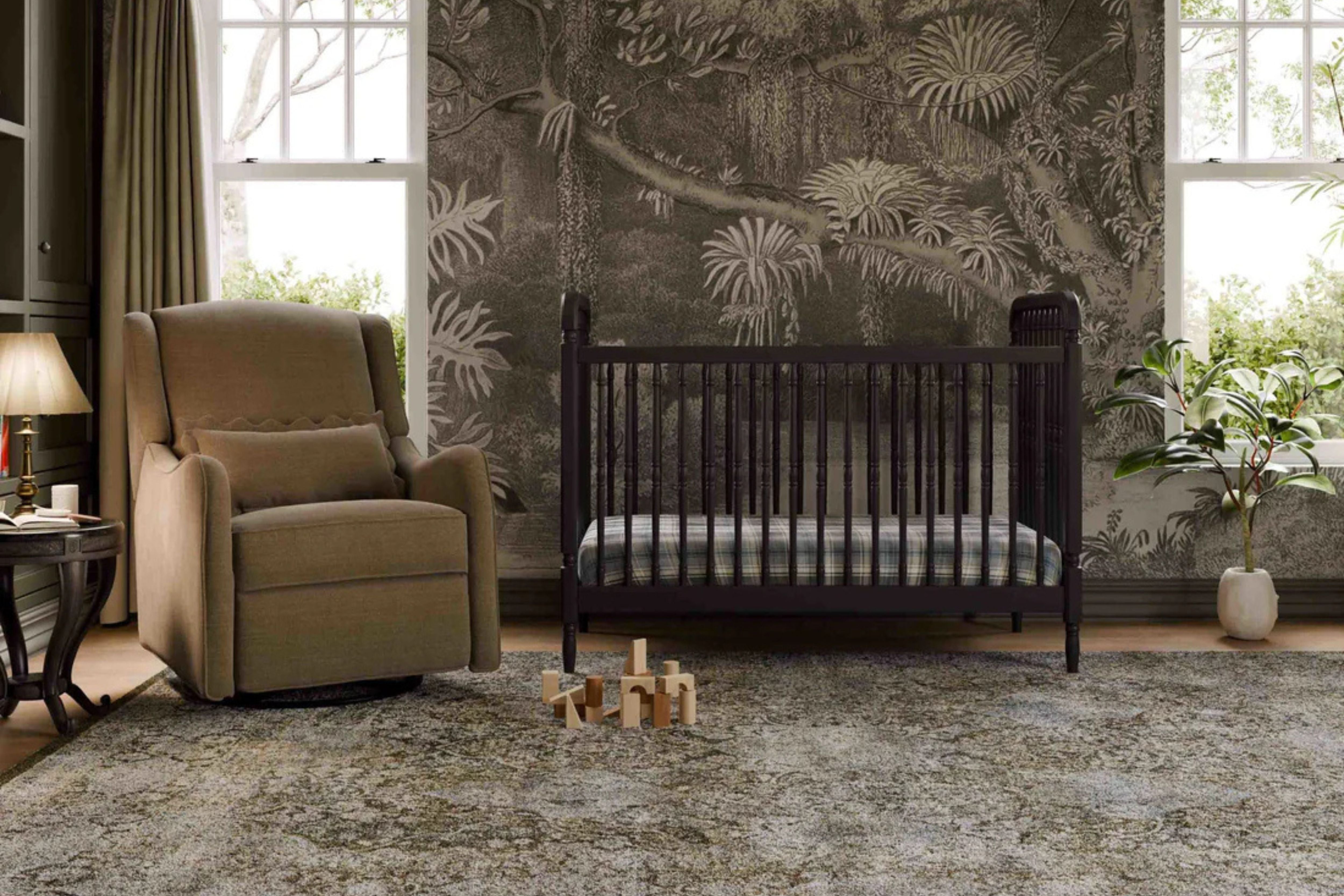 Devon Recliner and Swivel Glider Nursing Chair in Truffle, styled in a dark, modern mid-century nursery #color_truffle