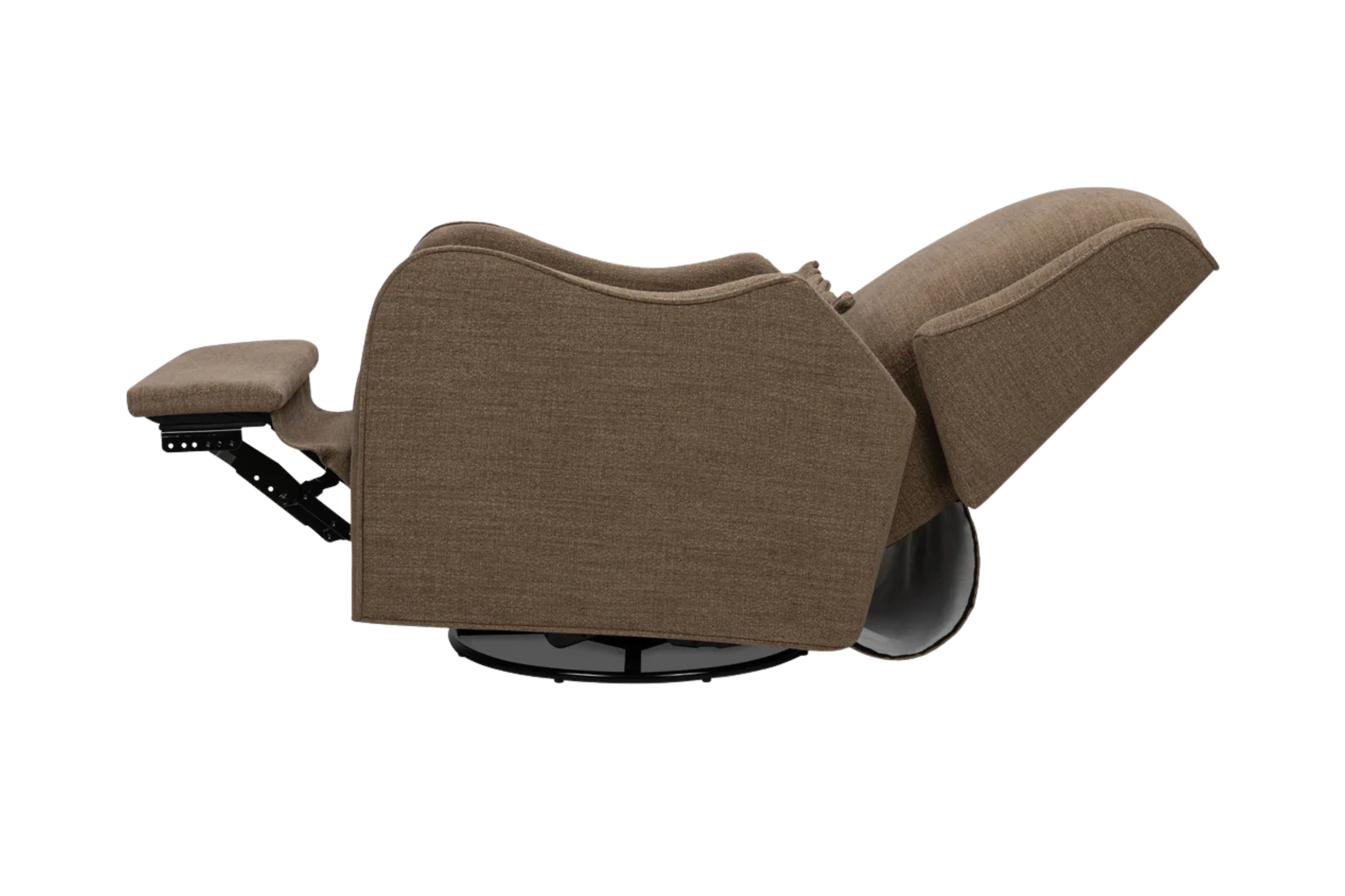 Side view of the Devon Recliner and Swivel Glider Nursing Chair in Truffle, displayed in its fully reclined position to showcase its reclining function and supportive design #color_truffle
