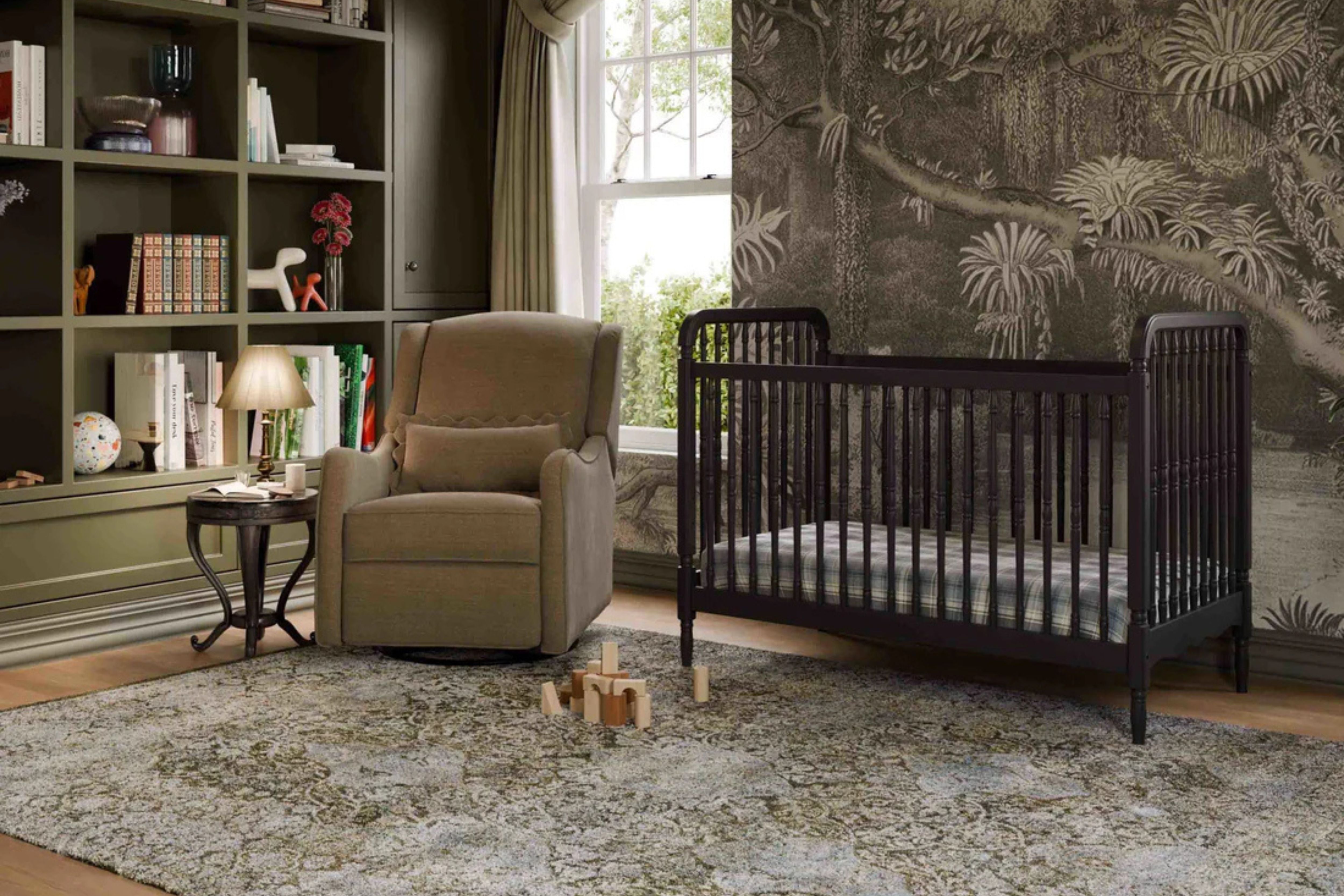 Devon Nursing Chair styled alongside a convertible crib in a modern mid-century nursery #color_truffle