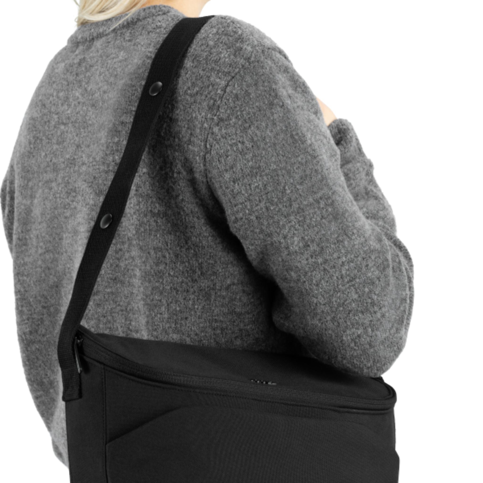 Joolz Organizer in Space Black worn over the shoulder using the shoulder strap #color_space-black