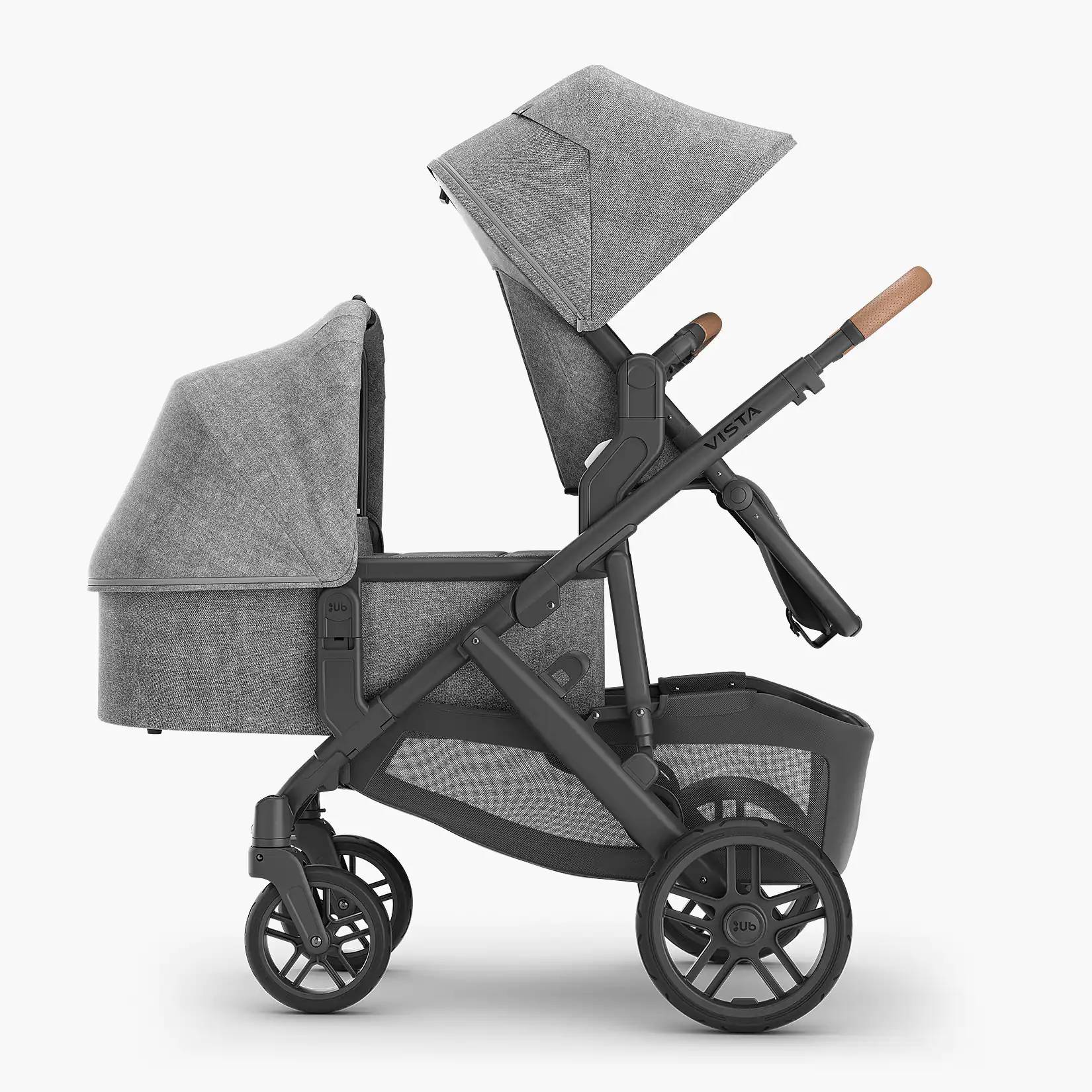 UPPAbaby Vista Stroller with UPPAbaby Bassinet and UPPAbaby RumbleSeat attached with the use of the UPPAbaby Vista Upper and Lower Adapters
