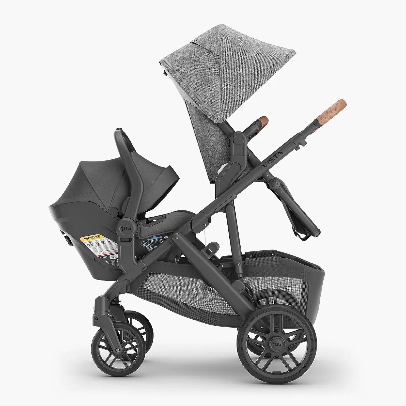 UPPAbaby Vista Stroller with UPPAbaby MESA i-Size Infant Car Seat and UPPAbaby RumbleSeat attached with the use of the UPPAbaby Vista Upper and Lower Adapters
