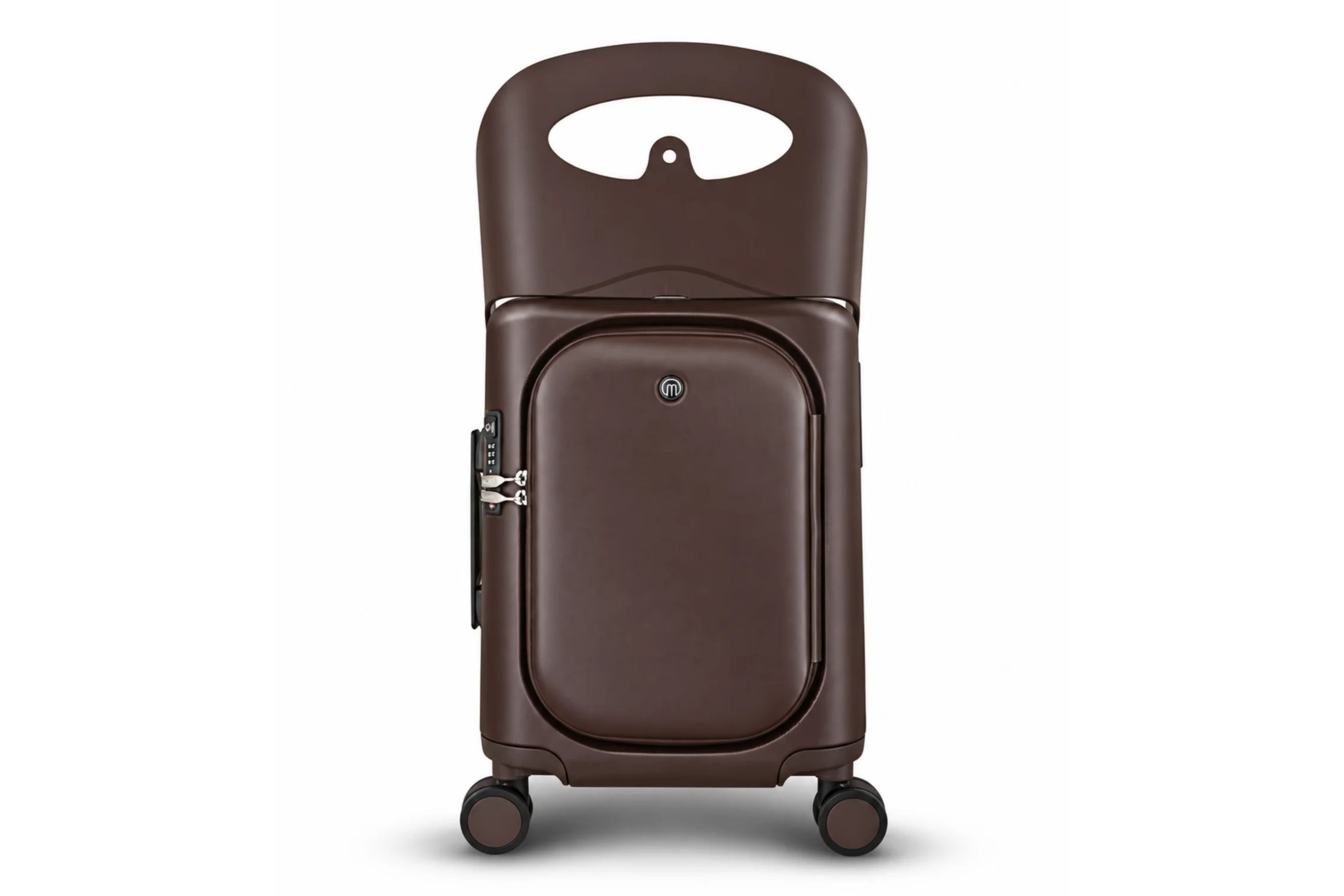 MiaMily Carry On Plus 18” Luggage in Chocolate Brown, with its built in ride-on seat up