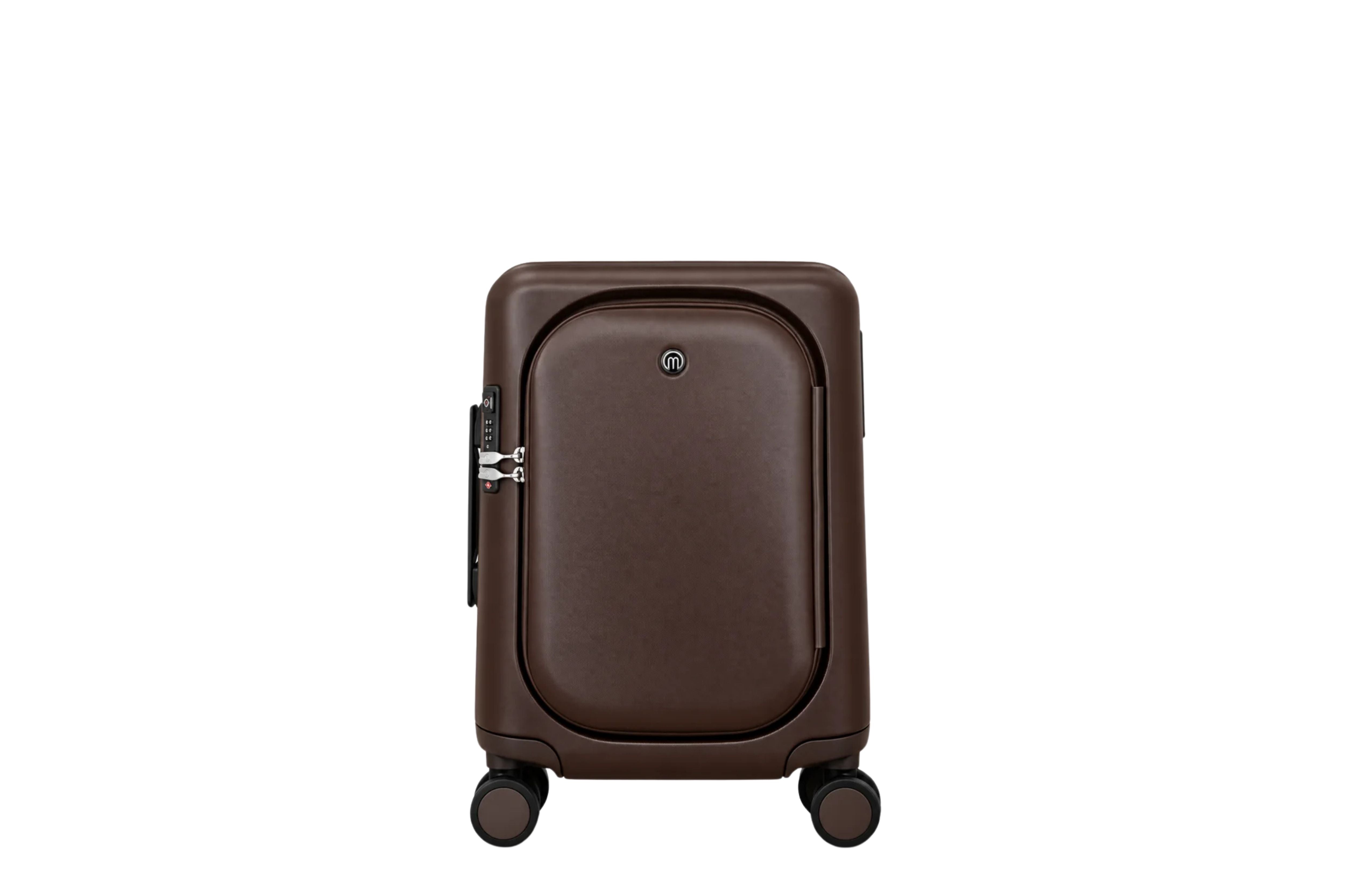 MiaMily Carry On Plus 18” Luggage in Chocolate Brown, with its built in ride-on seat down