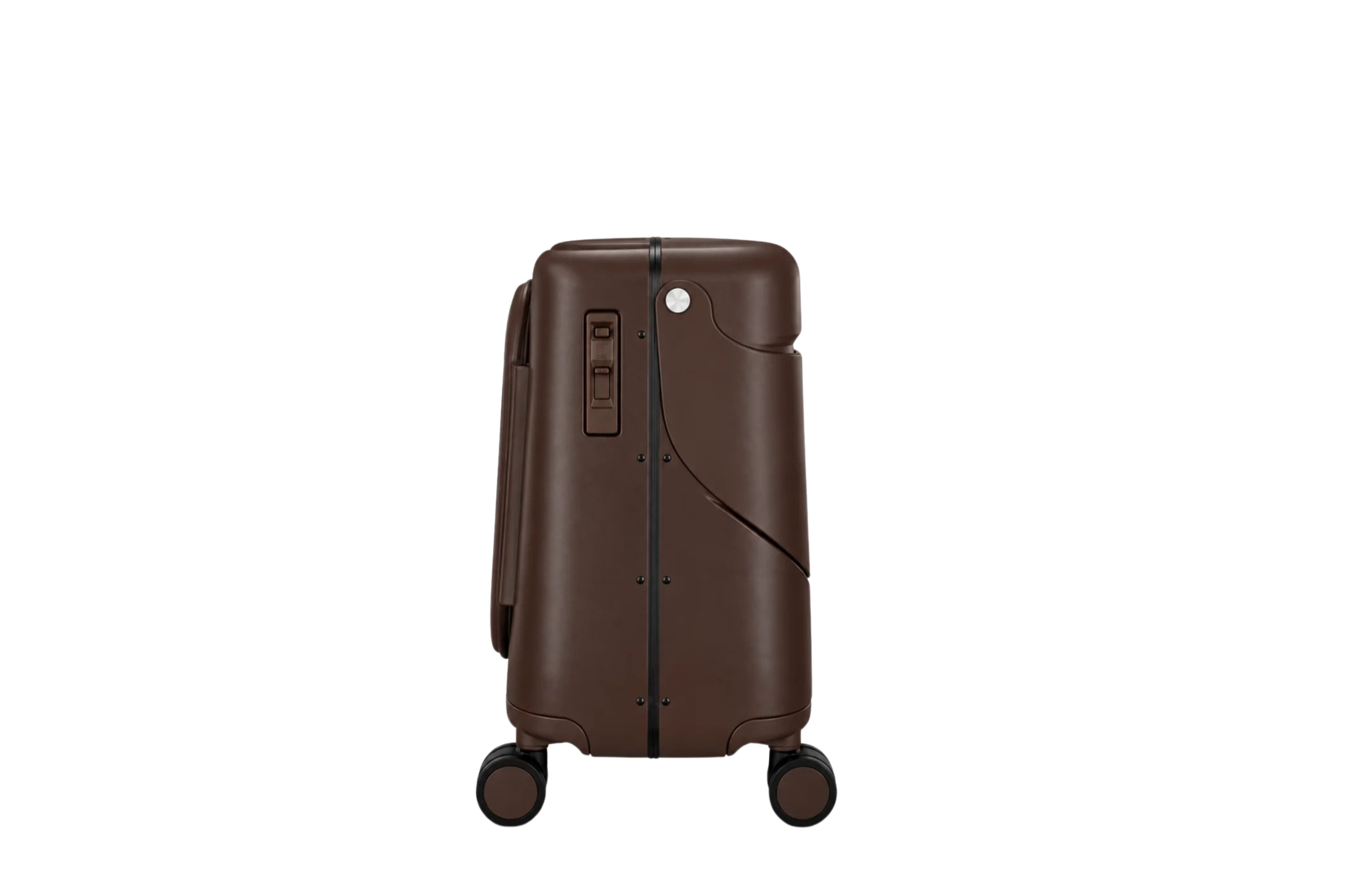 Side view of the MiaMily Carry On Plus 18” Luggage in Chocolate Brown, with its built in ride-on seat down