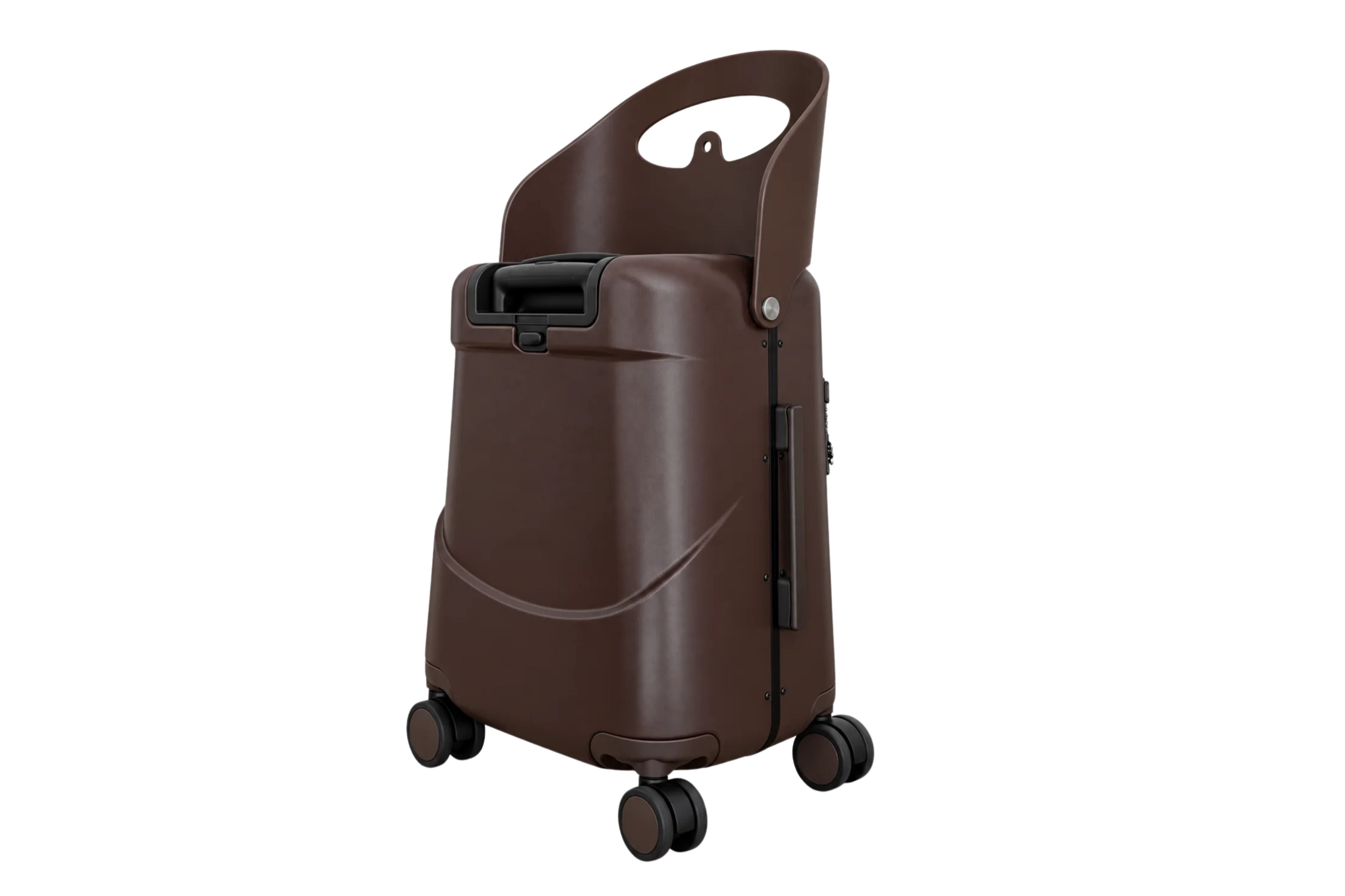 MiaMily Carry On Plus 18” Luggage in Chocolate Brown, with its built in ride-on seat up