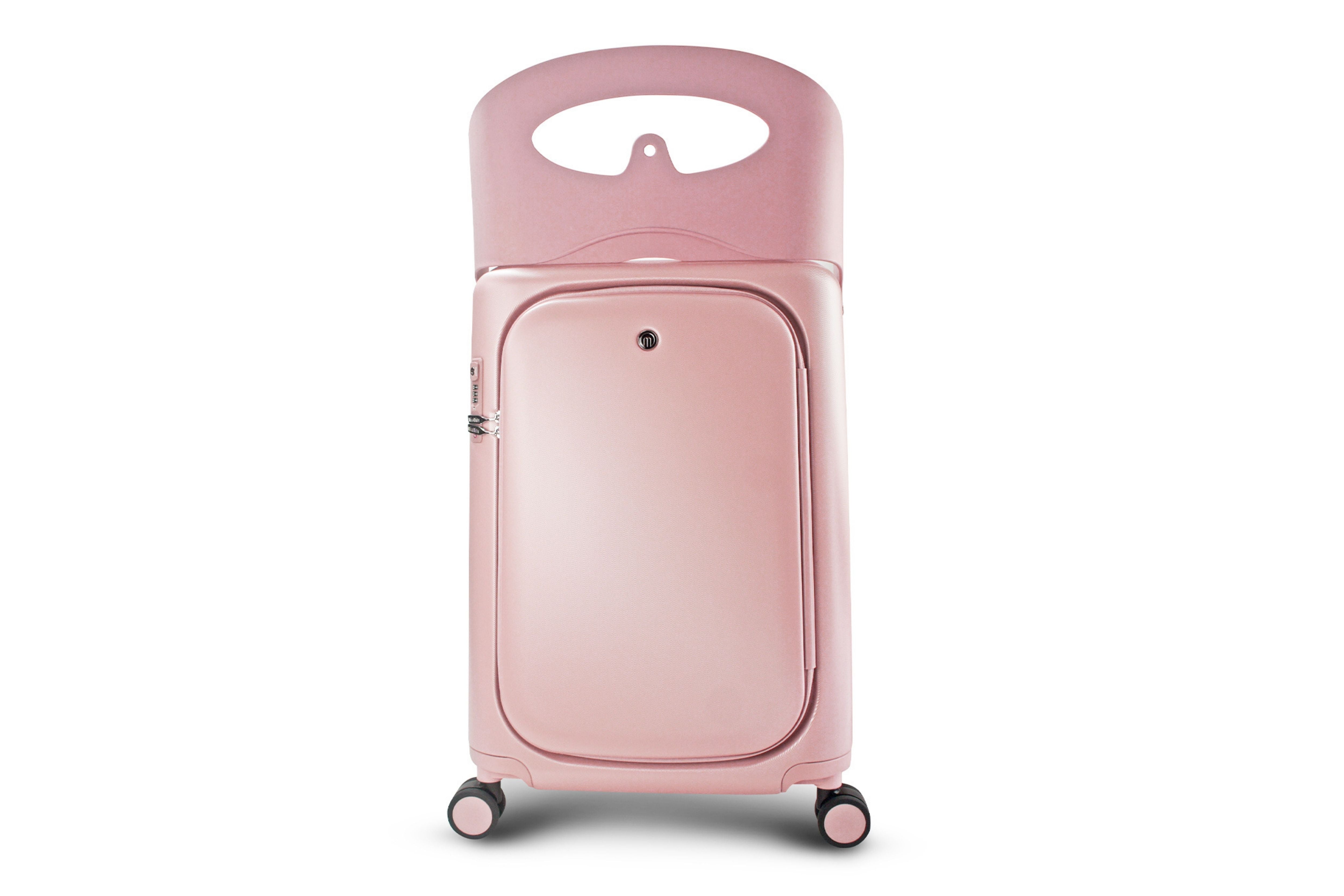MiaMily Carry On Plus 18” Luggage in Dusty Pink, with its built in ride-on seat up